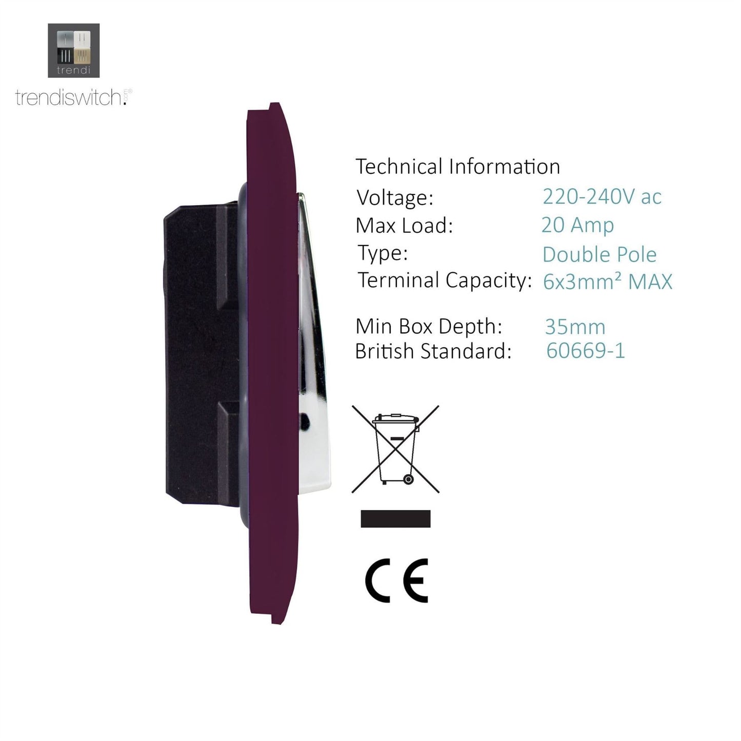 Trendi Switch 1 Gang 20 Amp Heavy Duty Rocker Switchin Plum Purple