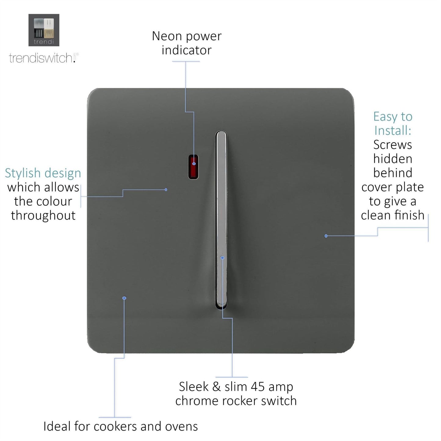 Trendi Switch 1 Gang 45 Amp Cooker Switch with Neonin Charcoal Grey