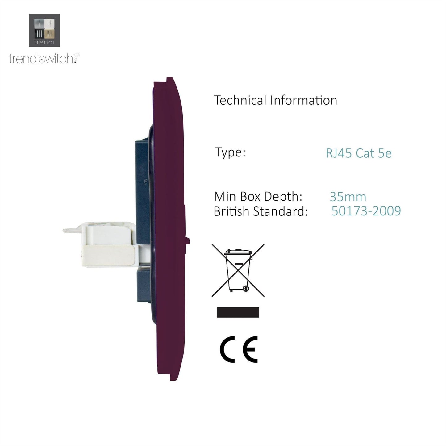 Trendi Switch 1 Gang RJ45 Cat 5e PC Ethernet Socketin Plum Purple