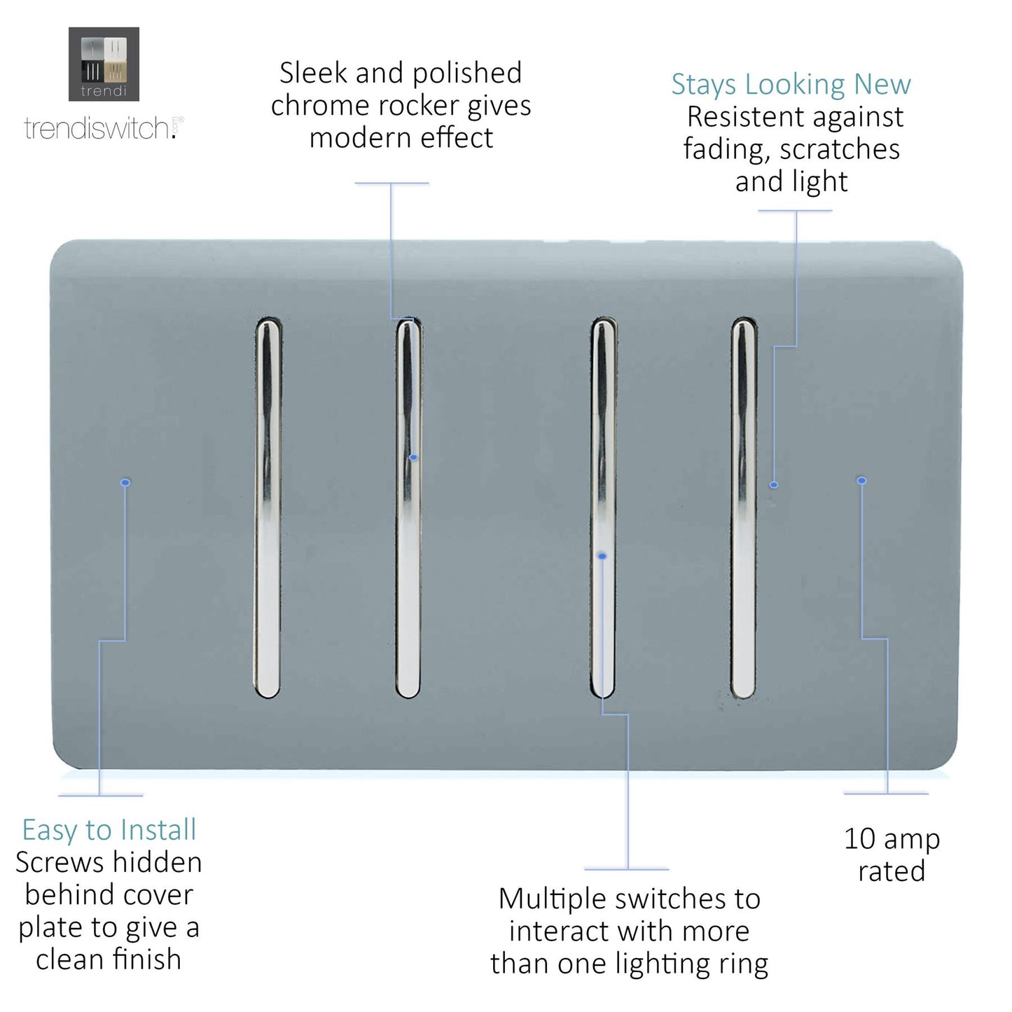 Trendi Switch 4 Gang 1 or 2 Way Light Switchin Cool Grey
