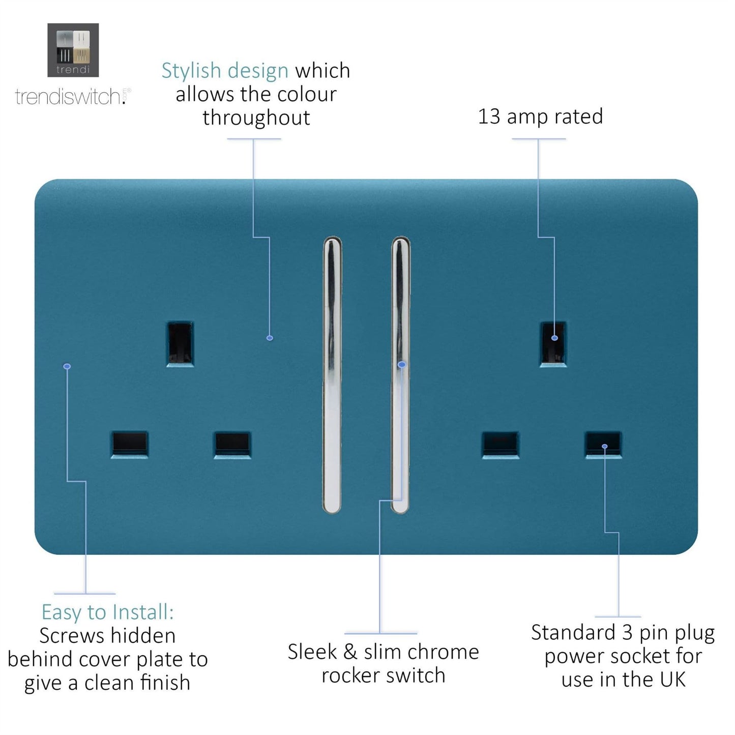 Trendi Switch 2 Gang Long Switched Plug Socketin Ocean Blue