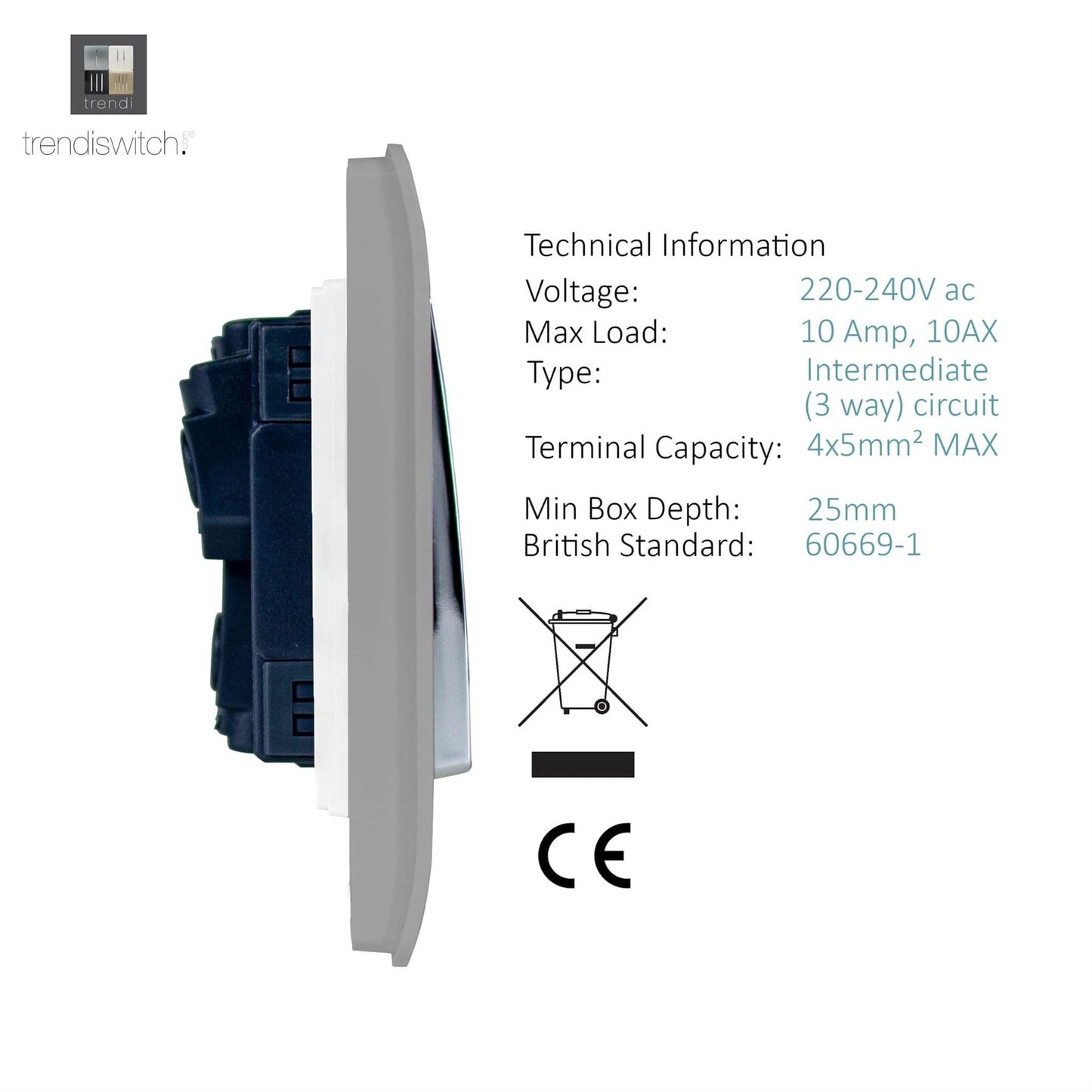 Trendi Switch 2 Gang Rocker Light Switch (1x 1 or 2 way & 1x Intermediate)in Light Grey