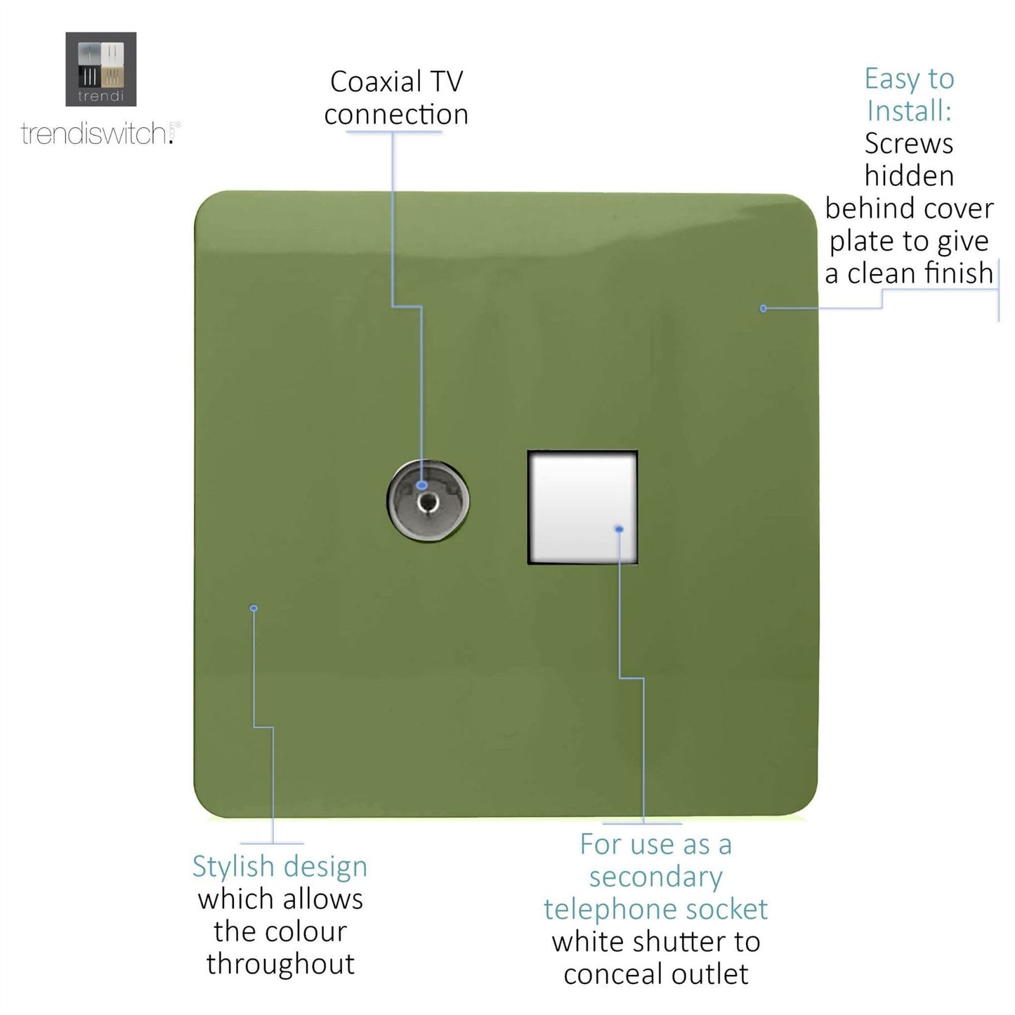 Trendi Switch 2 Gang Female TV Co-Axial & Telephone Slave Socketsin Moss Green