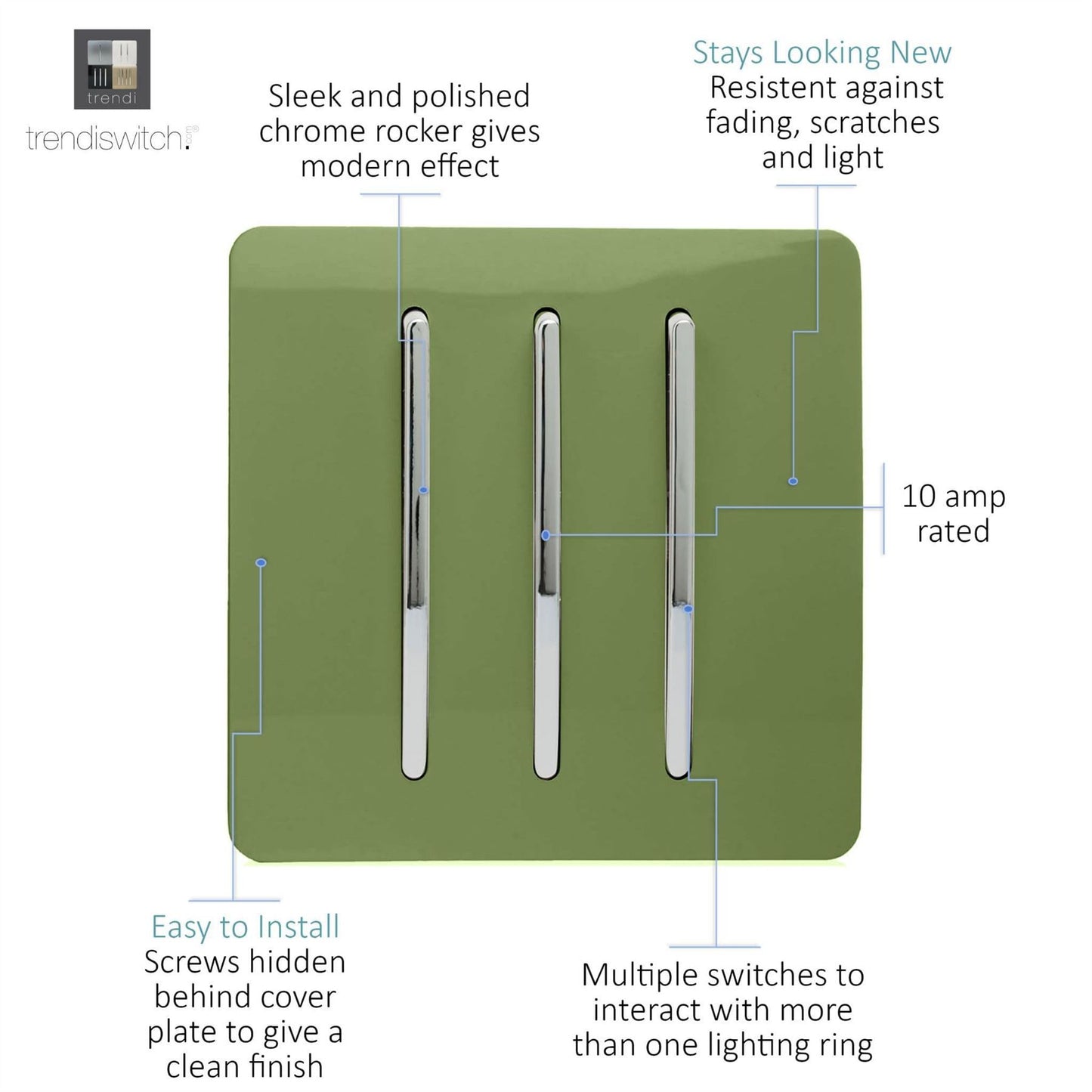 Trendi Switch 3 Gang 1 or 2 way Rocker Light Switchin Moss Green