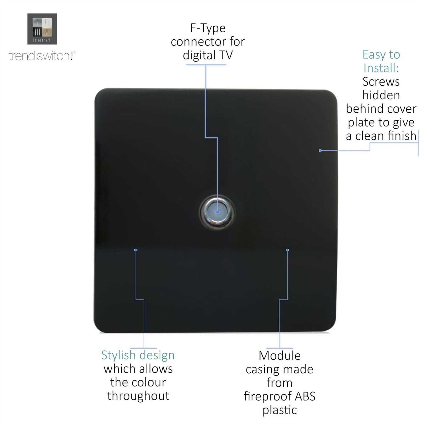 Trendi Switch 1 Gang Male F-Type Satellite Television Socketin Piano Black