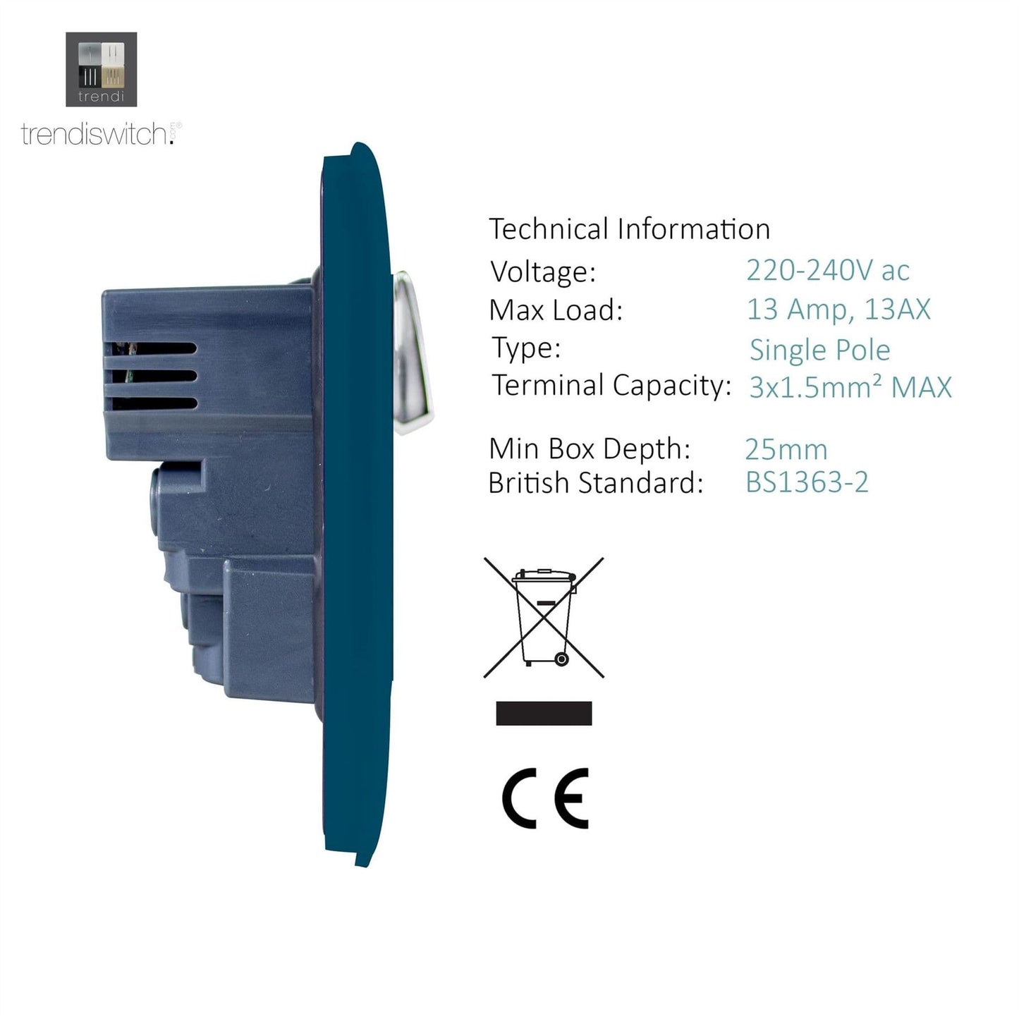 Trendi Switch 1 Gang USB 2100mA Plug Socketin Ocean Blue