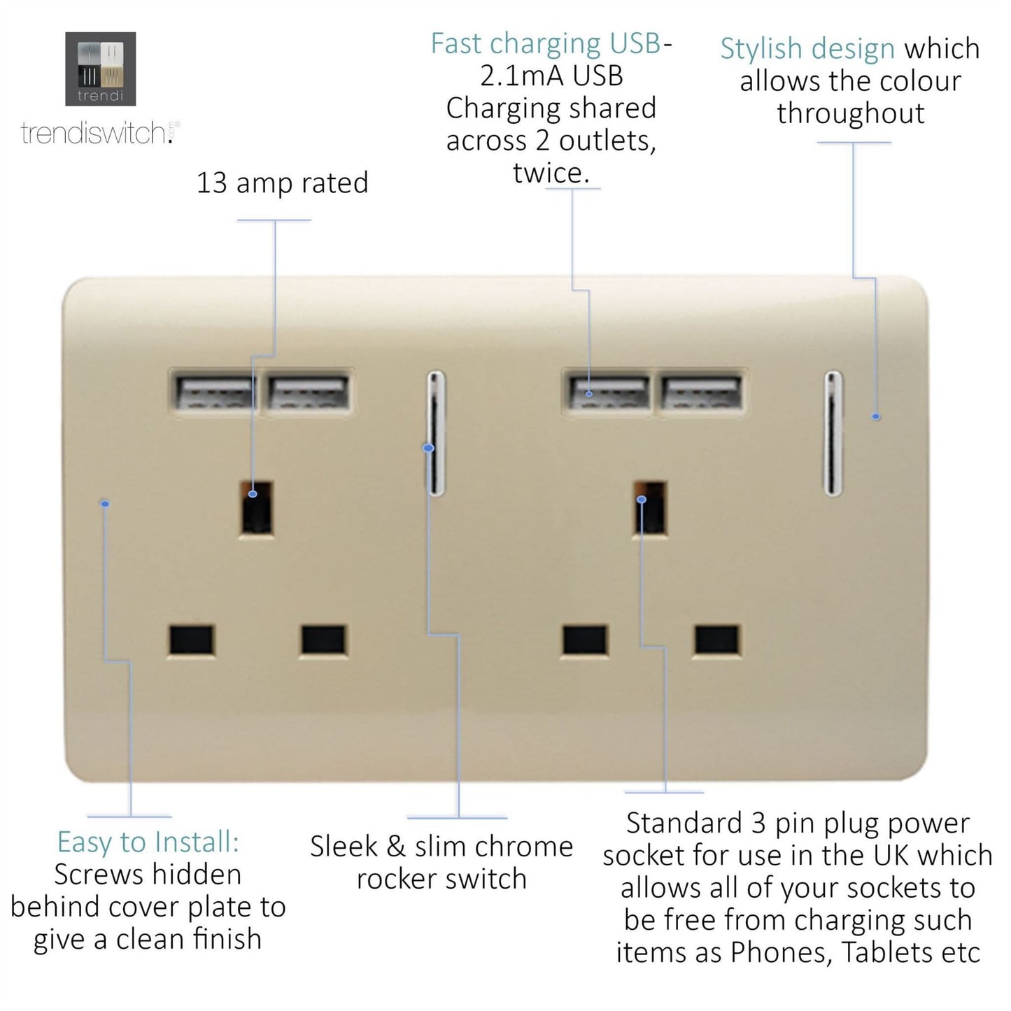 Trendi Switch 2 Gang 4 Port USB 2100mA Plug Socketin Champagne Gold