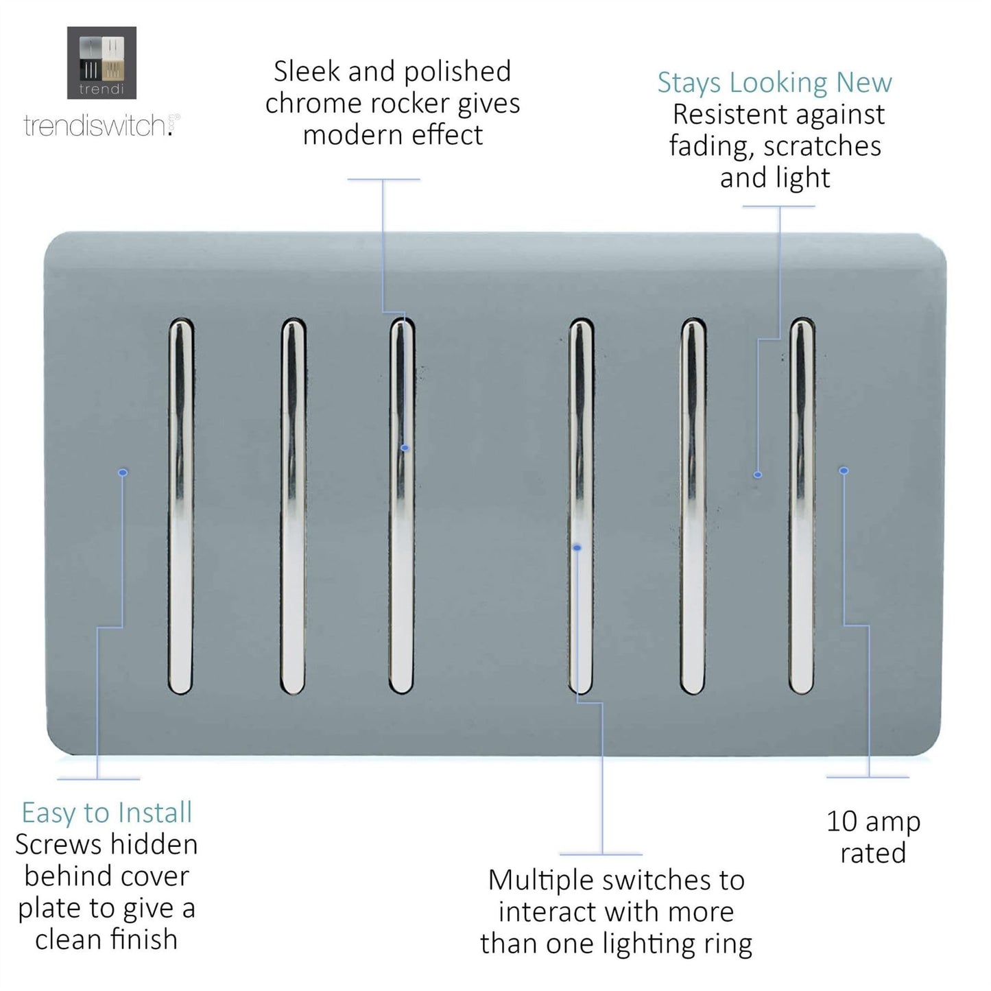 Trendi Switch 6 Gang 1 or 2 Way Light Switchin Cool Grey