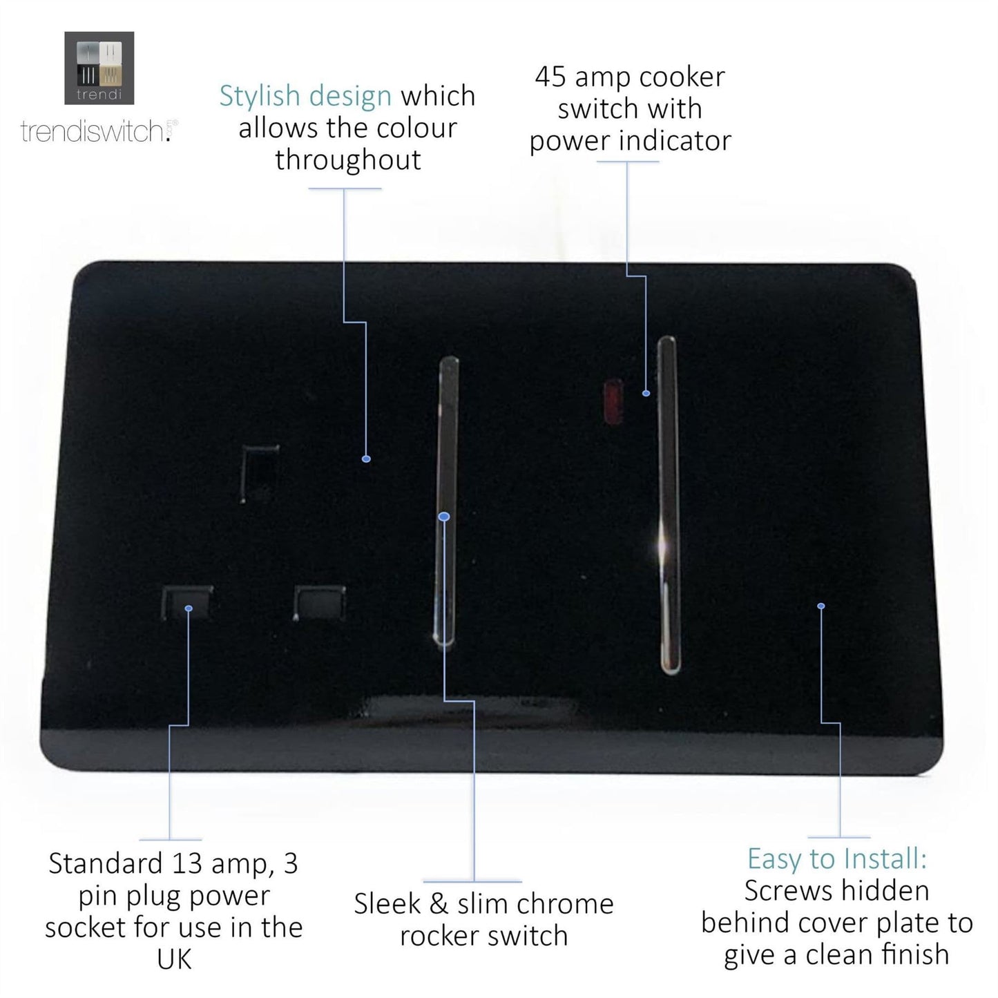 Trendi Switch 45 Amp Cooker Switch & 13 Amp Plug Socket with Neonin Piano Black