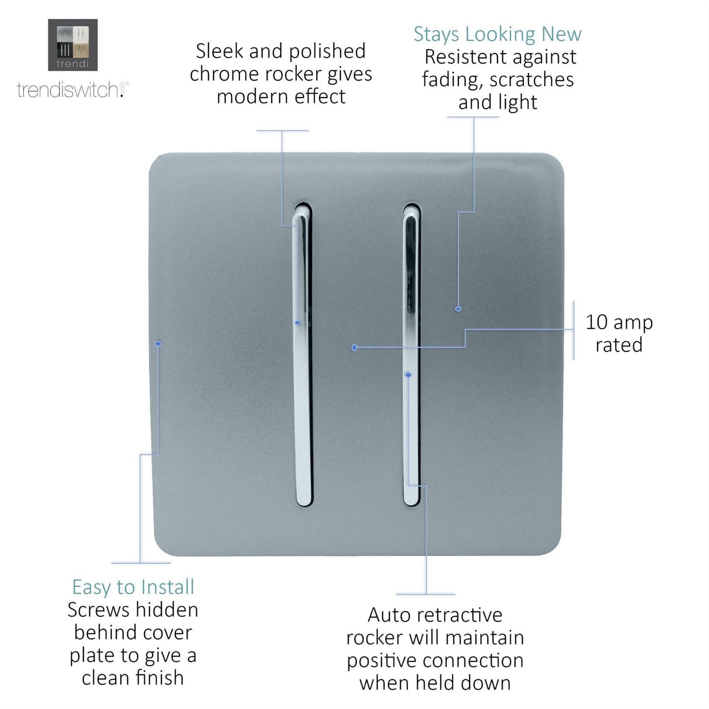 Trendi Switch 2 Gang Retractive Home Automation Switchin Cool Grey