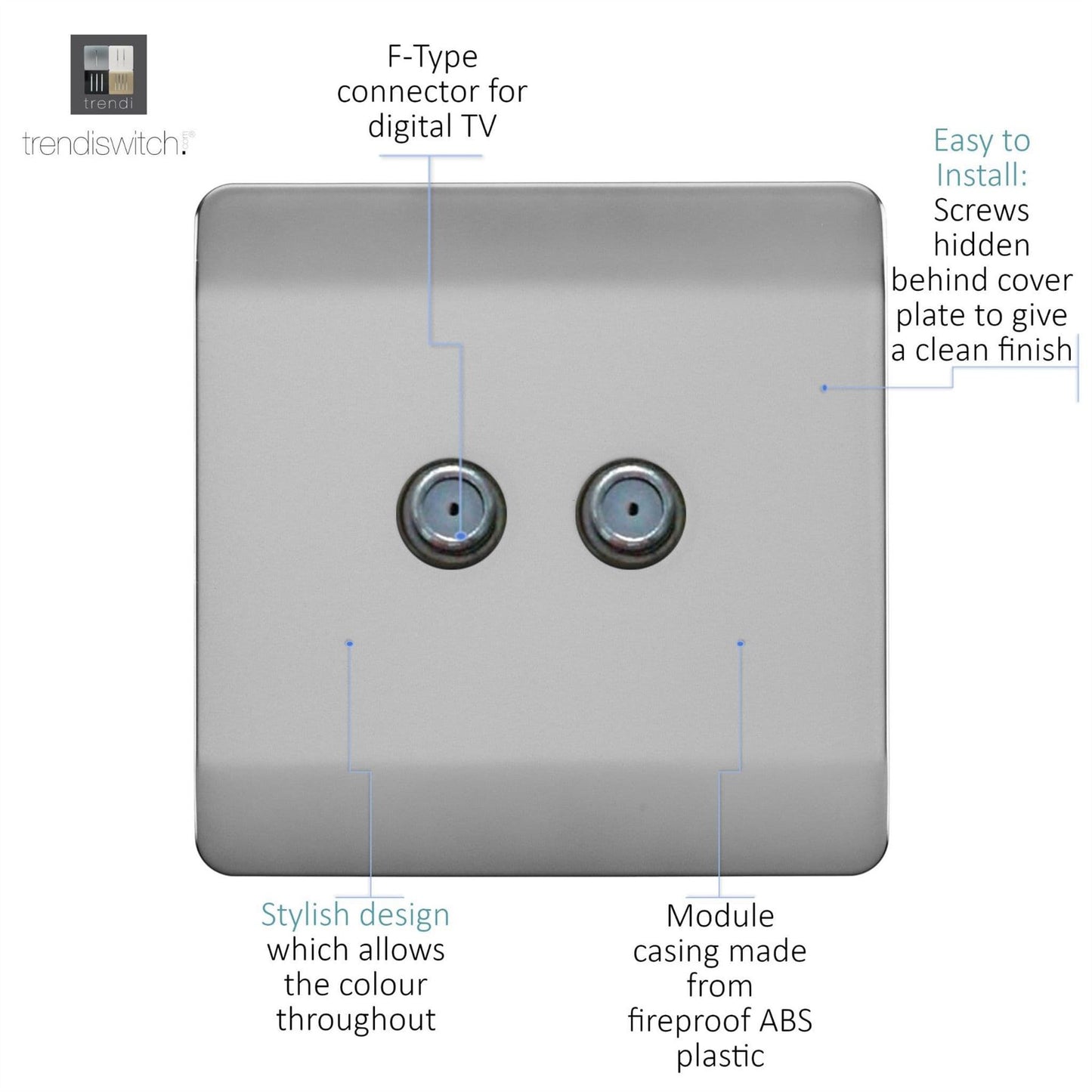 Trendi Switch 2 Gang Male F-Type Satellite Television Socketin Brushed Steel