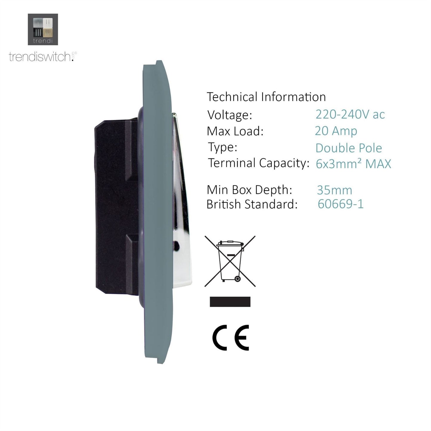 Trendi Switch 1 Gang 20 Amp Heavy Duty Rocker Switchin Cool Grey