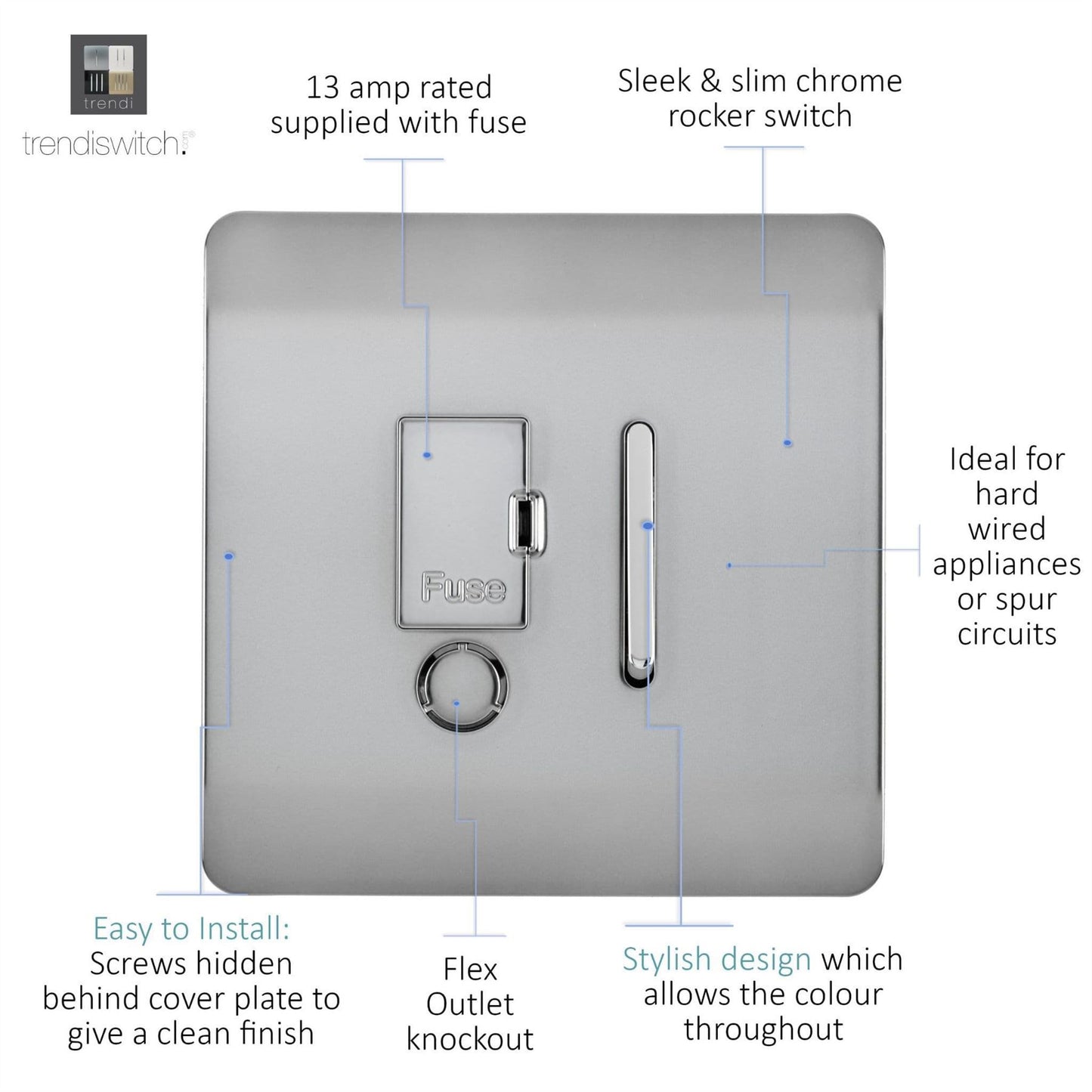 Trendi Switch 13 Amp Fused Spur with Flex Outletin Brushed Steel