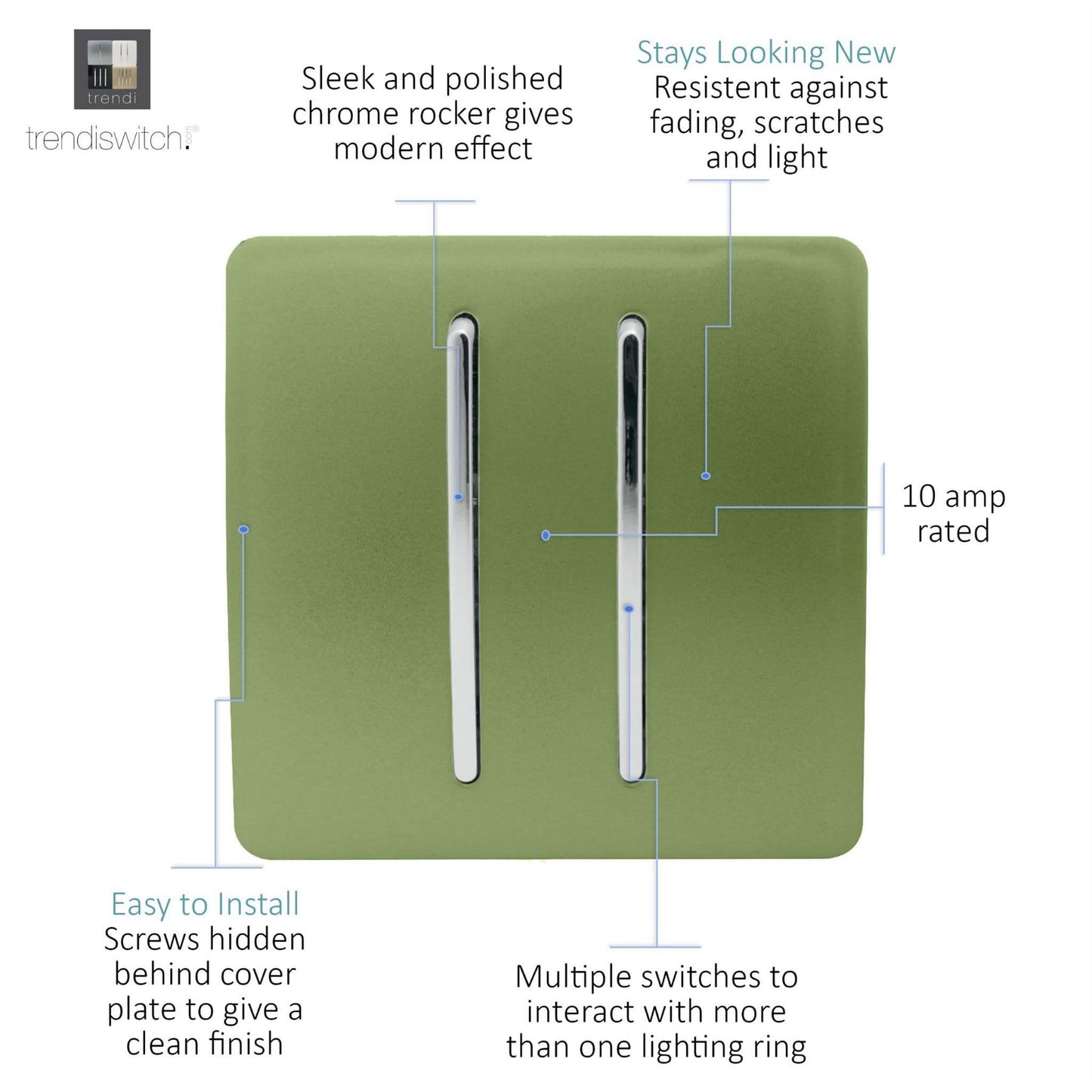 Trendi Switch 2 Gang Rocker Light Switch (1x 1 or 2 way & 1x Intermediate)in Moss Green