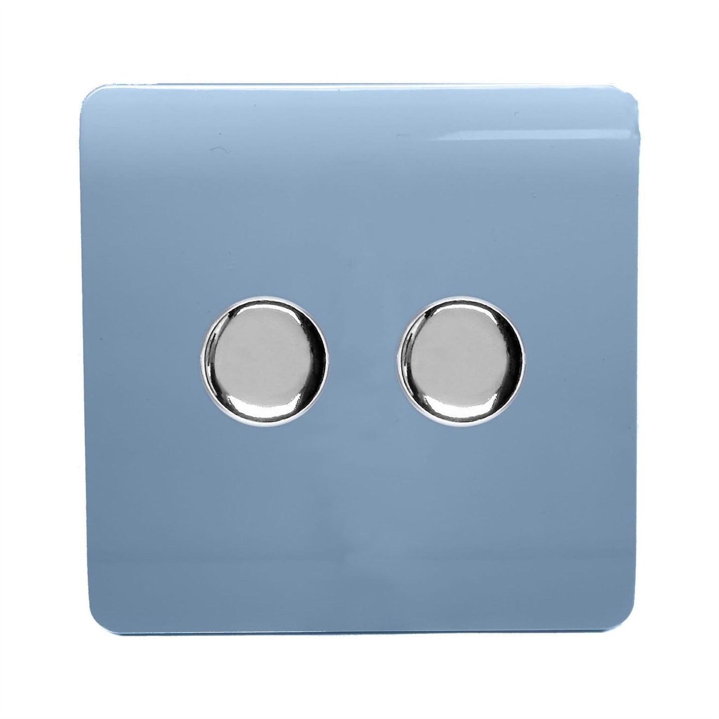 Trendi 2 Gang 2 Way 240V 100w LED Dimmer Screwless Raised Front Plate Plastic Artistic Modern Glossy 10 Amp Chrome Single Electrical Wall Light Switch in Sky Blue - ART-2LDMSK