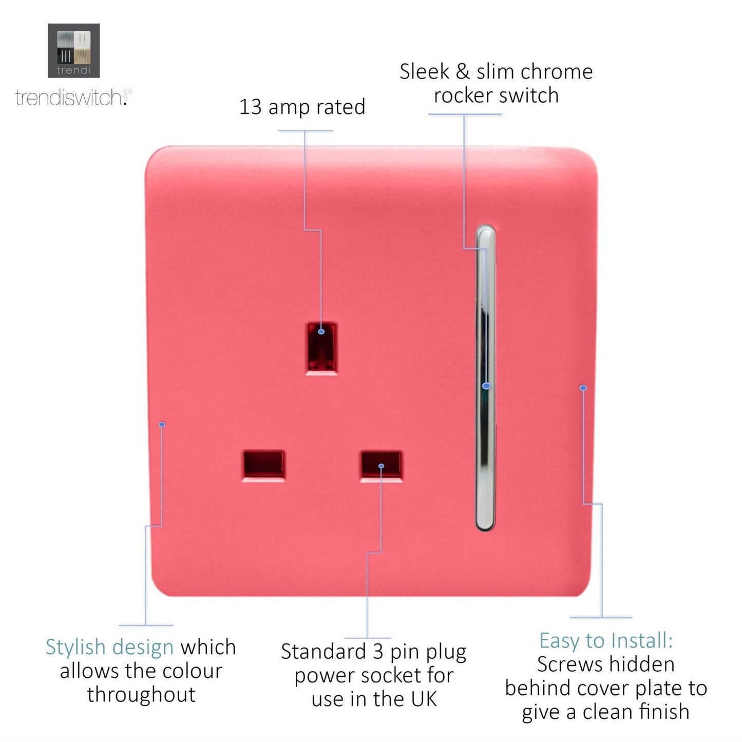 Trendi Switch 1 Gang 13 Amp Switched Plug Socketin Strawberry Red