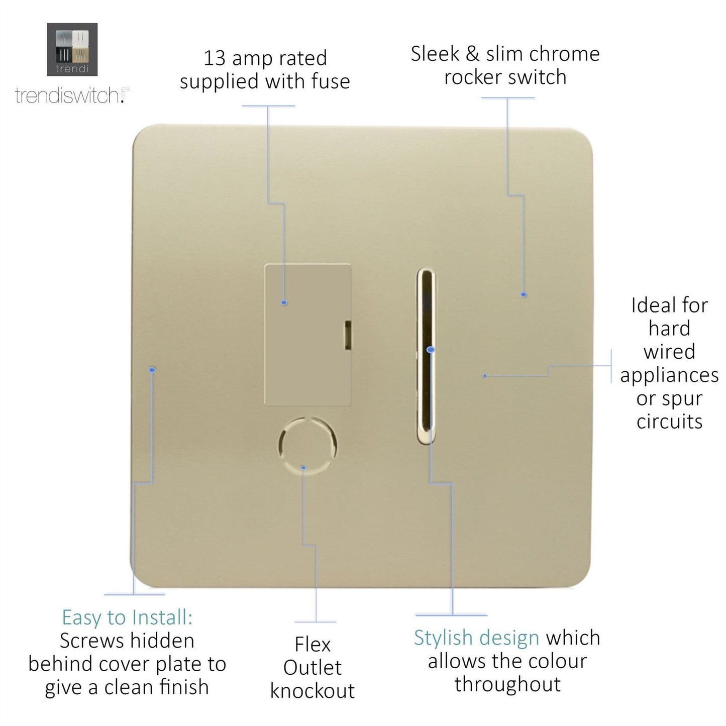 Trendi Switch 13 Amp Fused Spur with Flex Outletin Champagne Gold