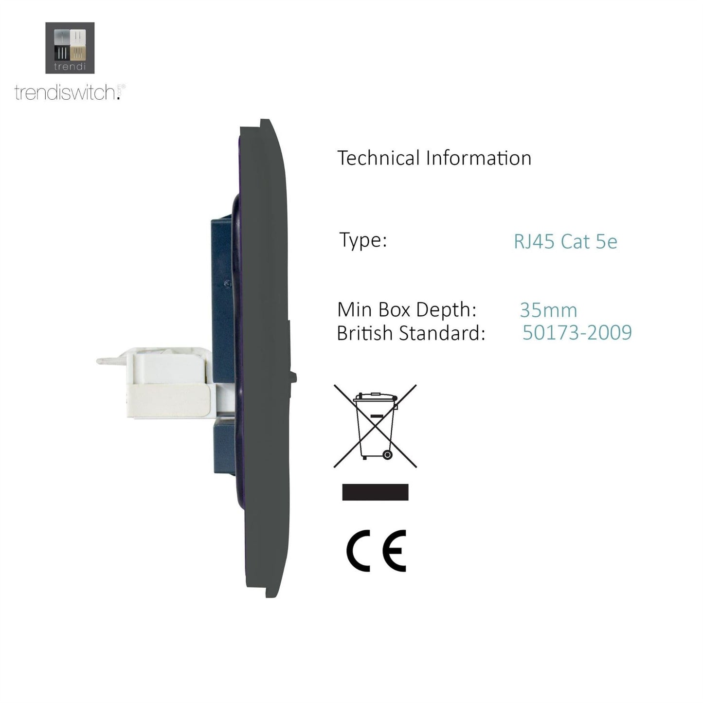 Trendi Switch 1 Gang RJ45 Cat 5e PC Ethernet Socketin Charcoal Grey