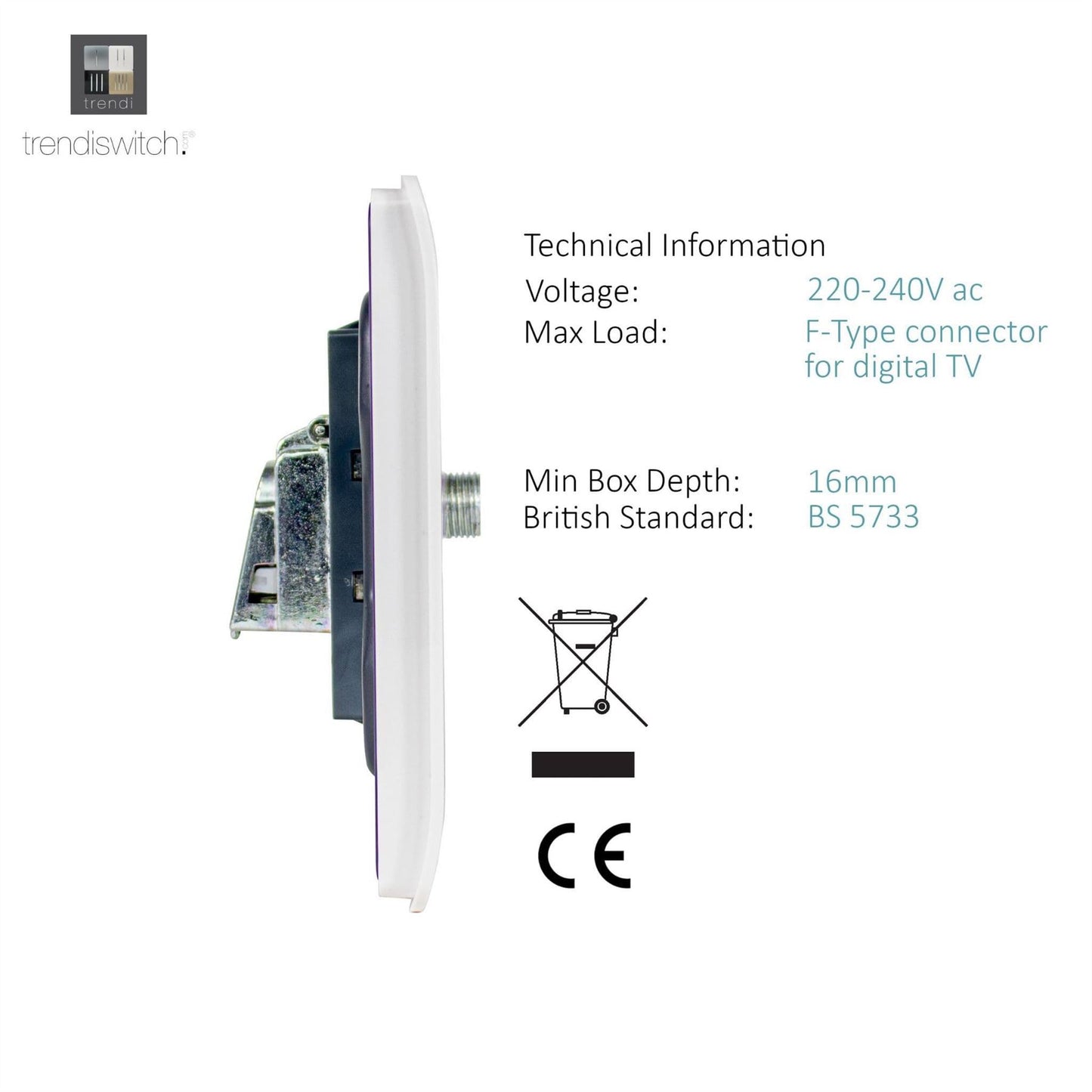 Trendi Switch 1 Gang Male F-Type Satellite Television Socketin Ice White