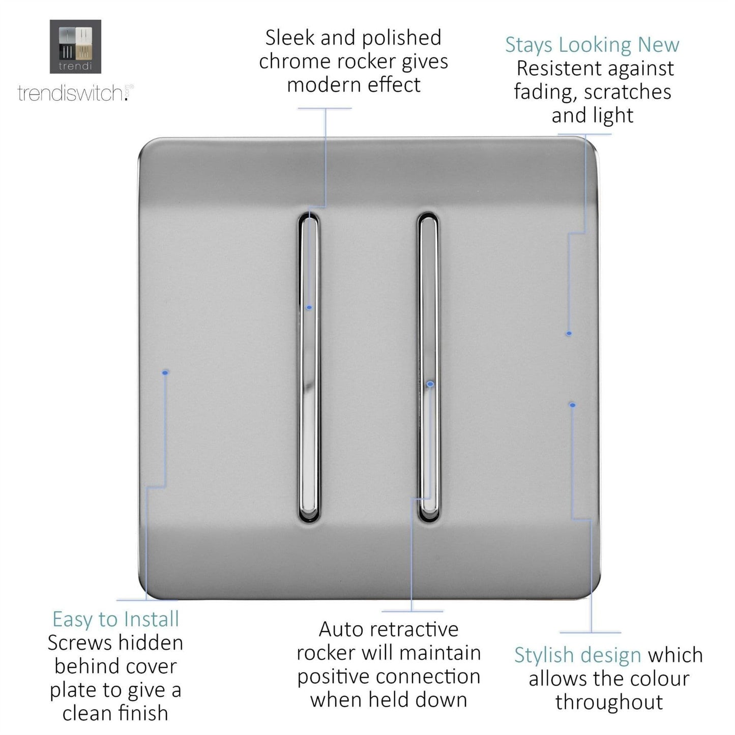 Trendi Switch 2 Gang Retractive Home Automation Switchin Brushed Steel