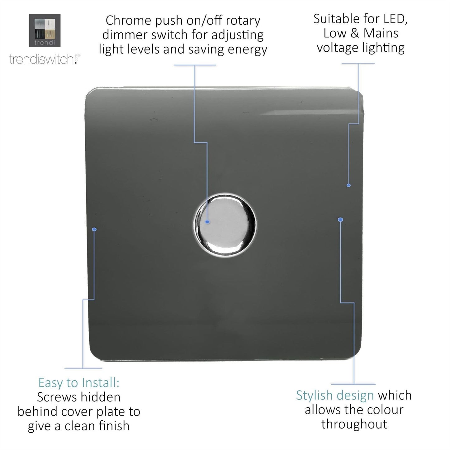 Trendi Switch 1 Gang 1 or 2 way 150w Rotary LED Dimmer Light Switchin Charcoal Grey