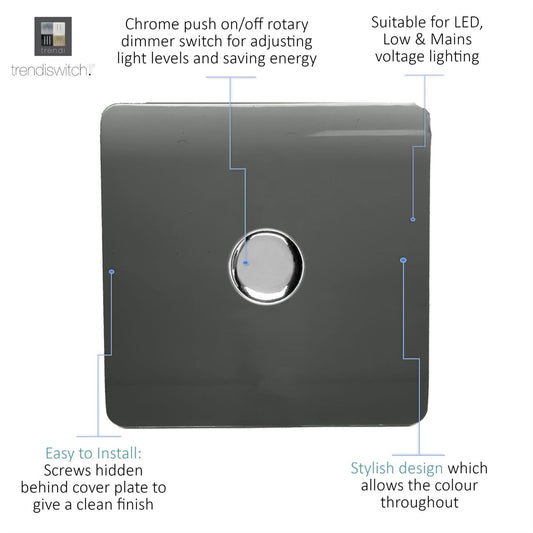 Trendi 1 Gang 2 Way 240V 100w LED Dimmer Screwless Raised Front Plate Plastic Artistic Modern Glossy 10 Amp Chrome Single Electrical Wall Light Switch in Charcoal - ART-LDMCH