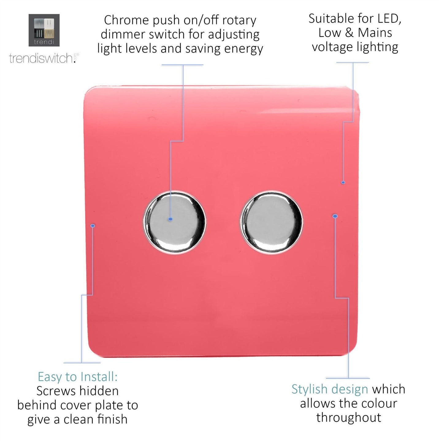 Trendi 2 Gang 2 Way 240V 100w LED Dimmer Screwless Raised Front Plate Plastic Artistic Modern Glossy 10 Amp Chrome Single Electrical Wall Light Switch in Strawberry Red - ART-2LDMSB