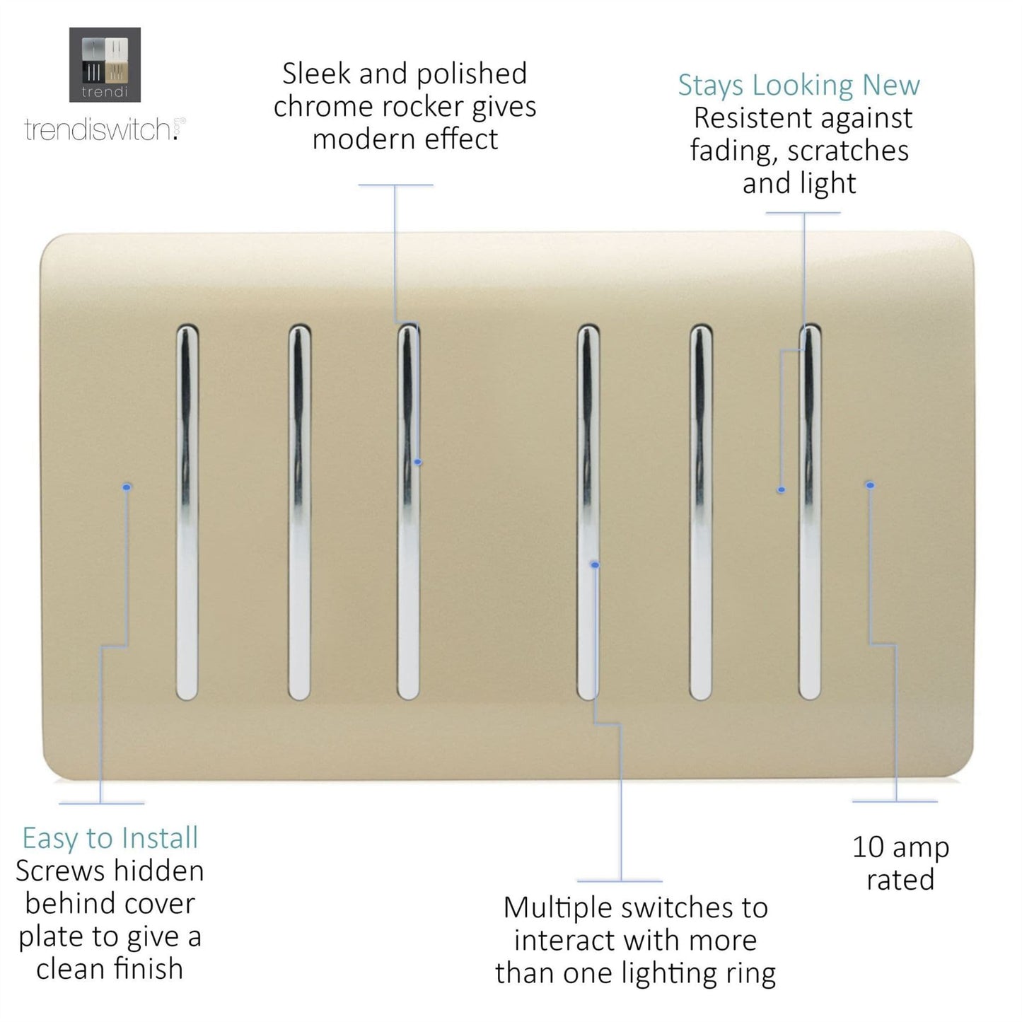 Trendi Switch 6 Gang 1 or 2 Way Light Switchin Champagne Gold