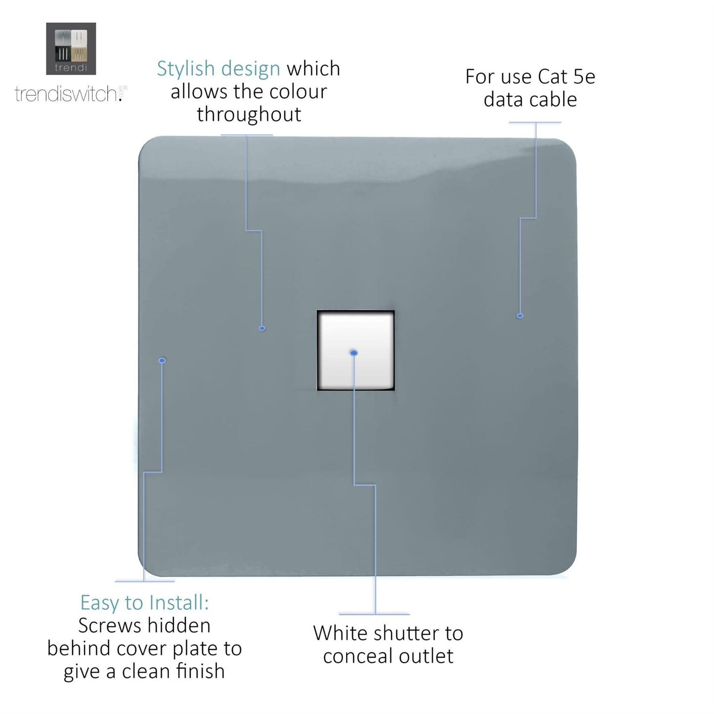 Trendi Switch 1 Gang RJ45 Cat 5e PC Ethernet Socketin Cool Grey