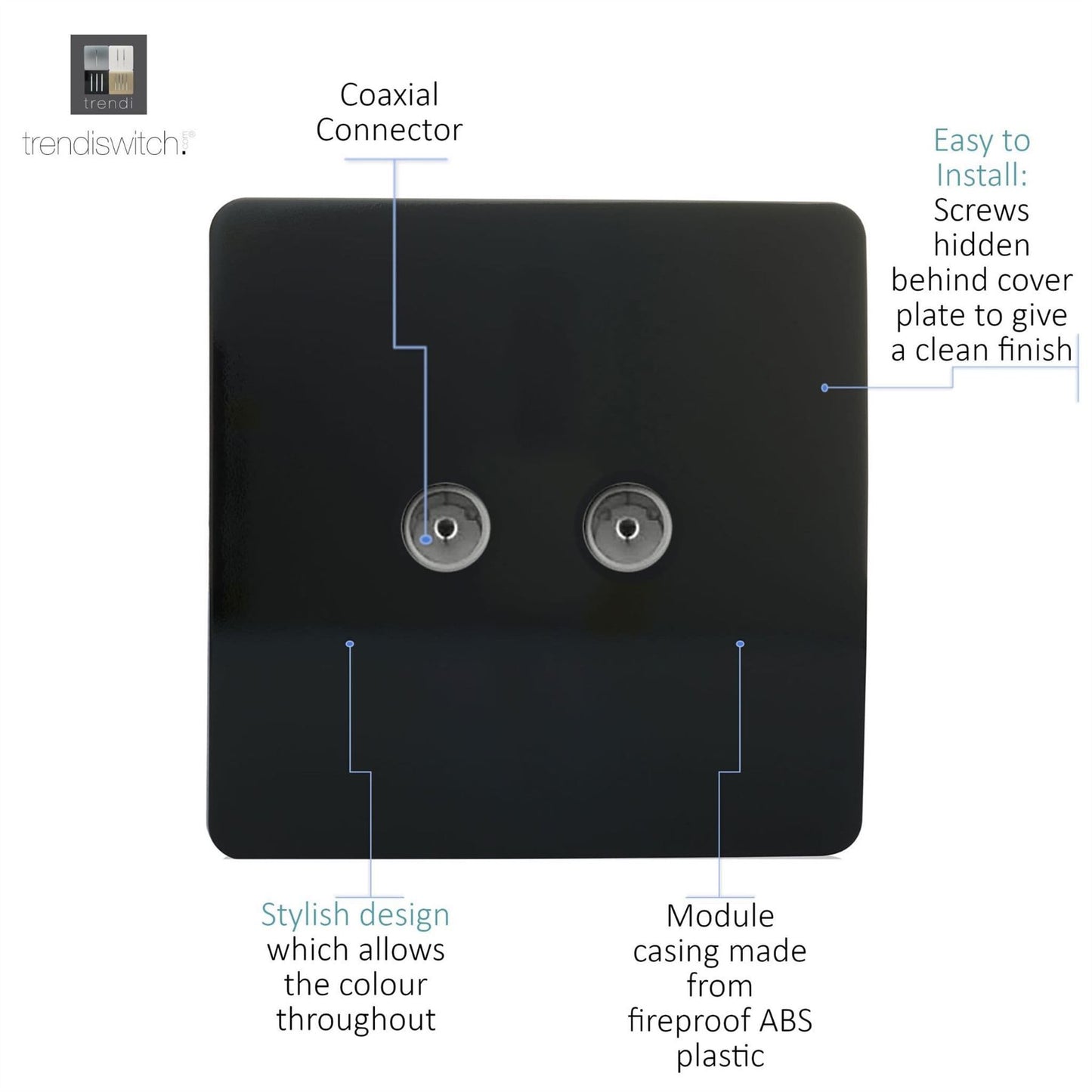 Trendi Switch 2 Gang Female Co-Axial Television Socketin Piano Black