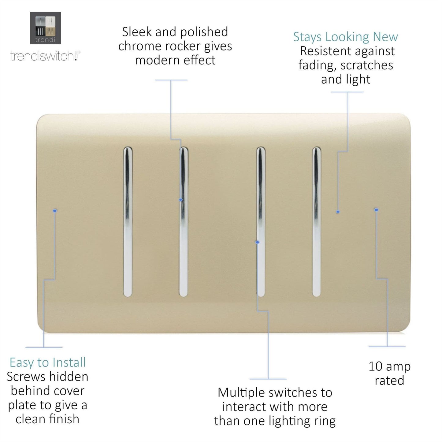 Trendi Switch 4 Gang Light Switch (3x 1 or 2 Way & 1 x Intermediate)in Champagne Gold