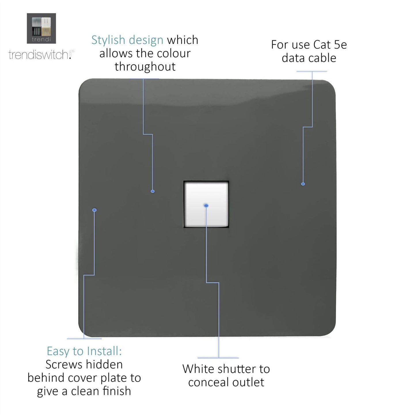 Trendi Switch 1 Gang RJ45 Cat 5e PC Ethernet Socketin Charcoal Grey