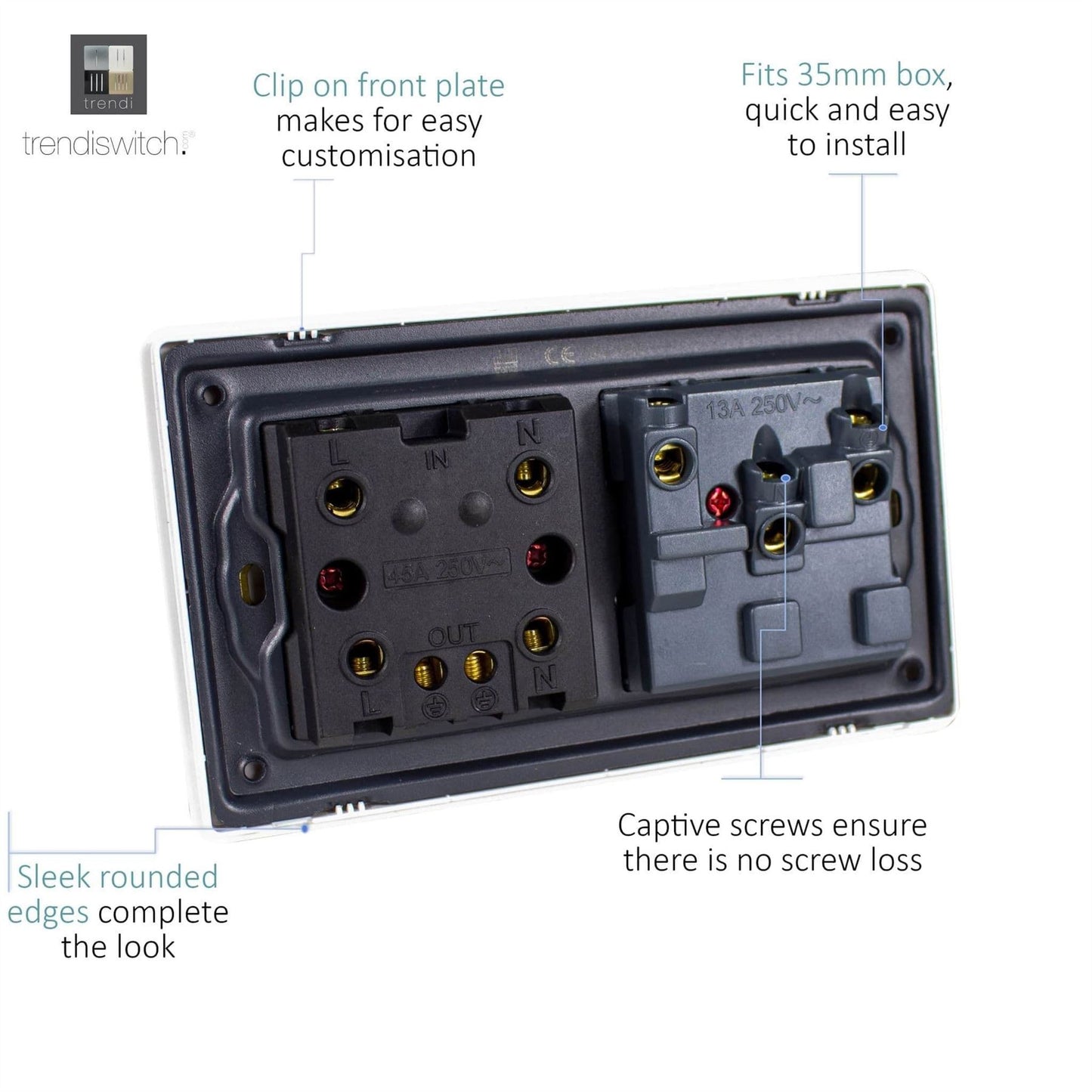 Trendi Switch 45 Amp Cooker Switch & 13 Amp Plug Socket with Neonin Midnight Blue