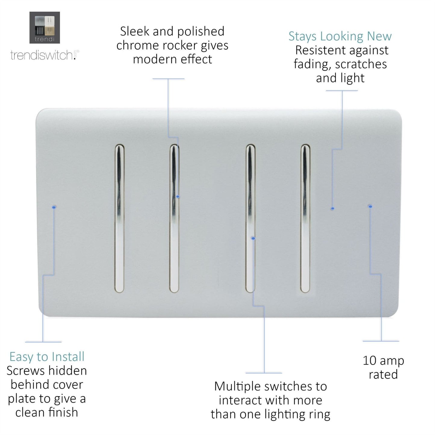 Trendi Switch 4 Gang Light Switch (3x 1 or 2 Way & 1 x Intermediate)in Platinum Silver