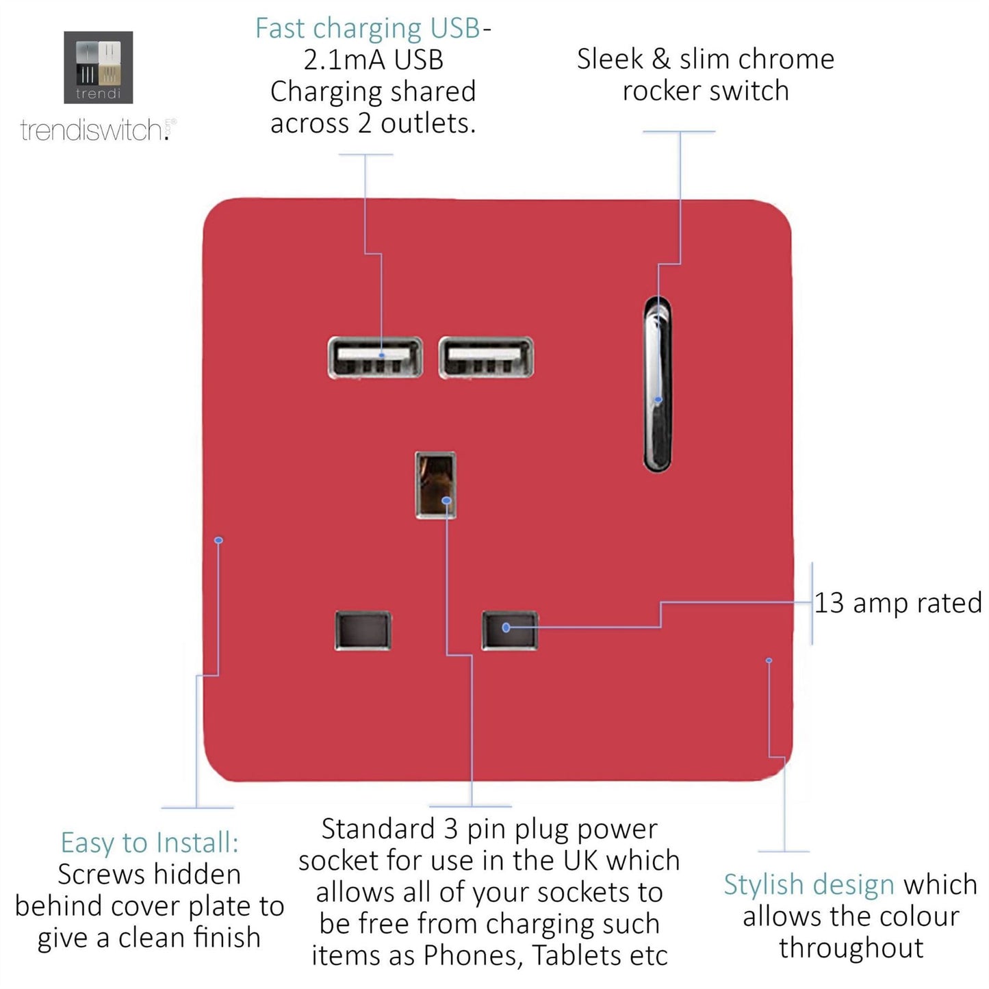 Trendi Switch 1 Gang USB 2100mA Plug Socketin Strawberry Red
