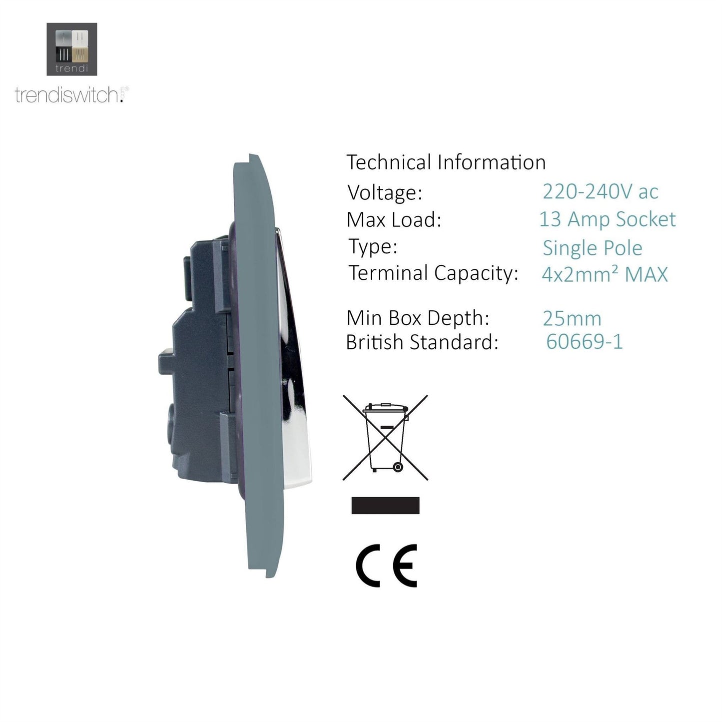 Trendi Switch 2 Gang Long Switched Plug Socketin Cool Grey