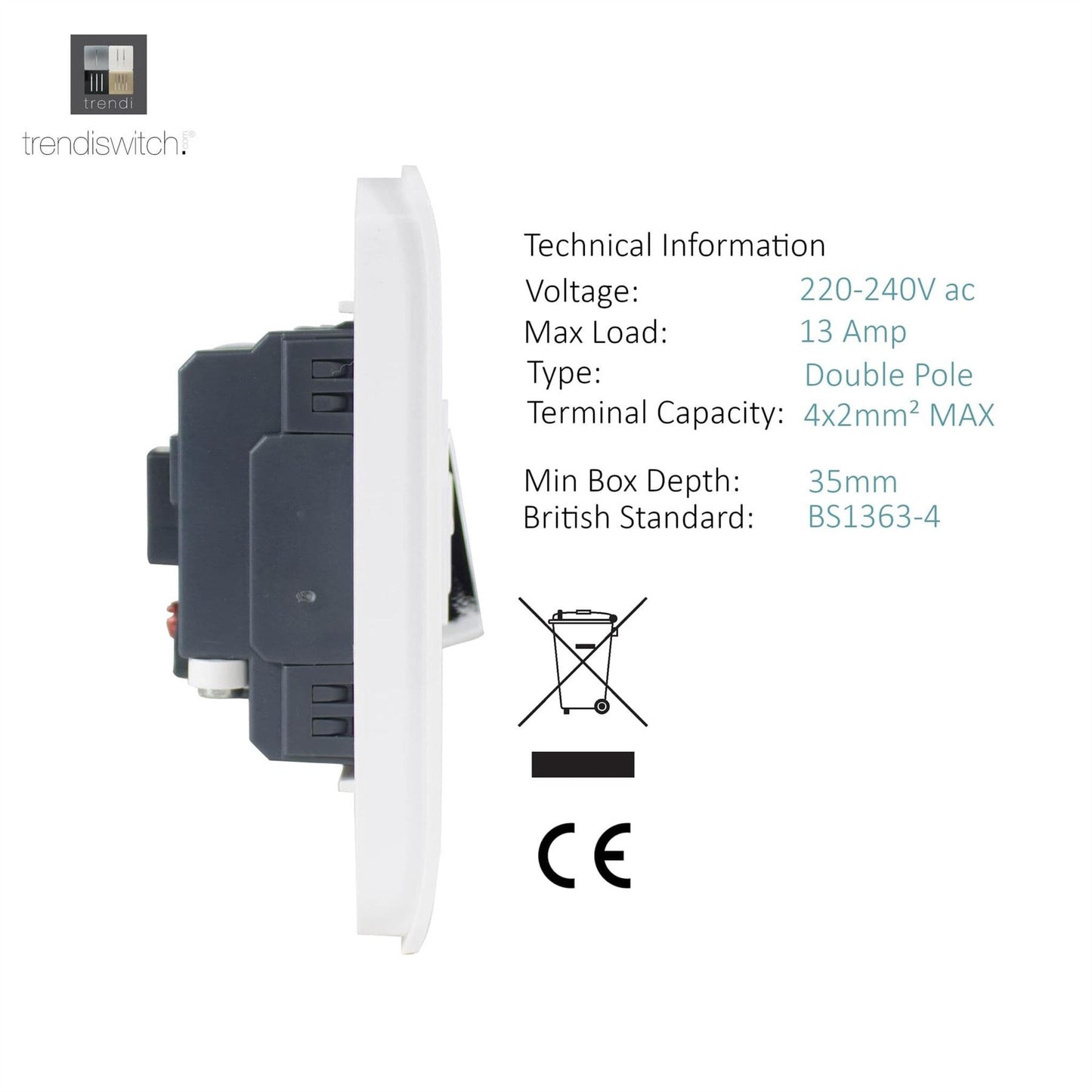 Trendi Switch 13 Amp Fused Spur with Flex Outletin Ice White