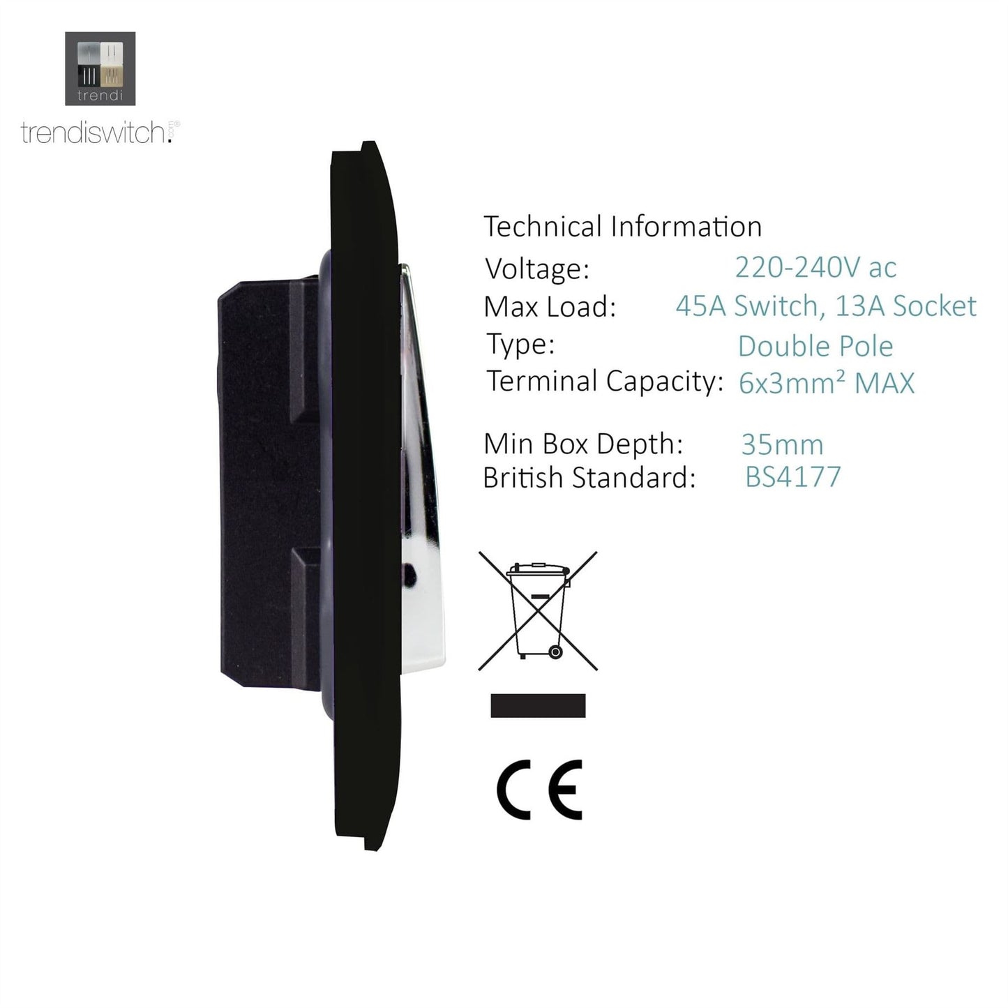 Trendi Switch 45 Amp Cooker Switch & 13 Amp Plug Socket with Neonin Matt Black
