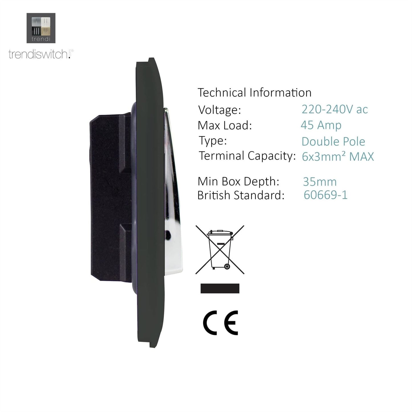 Trendi Switch 1 Gang 45 Amp Cooker Switch with Neonin Charcoal Grey