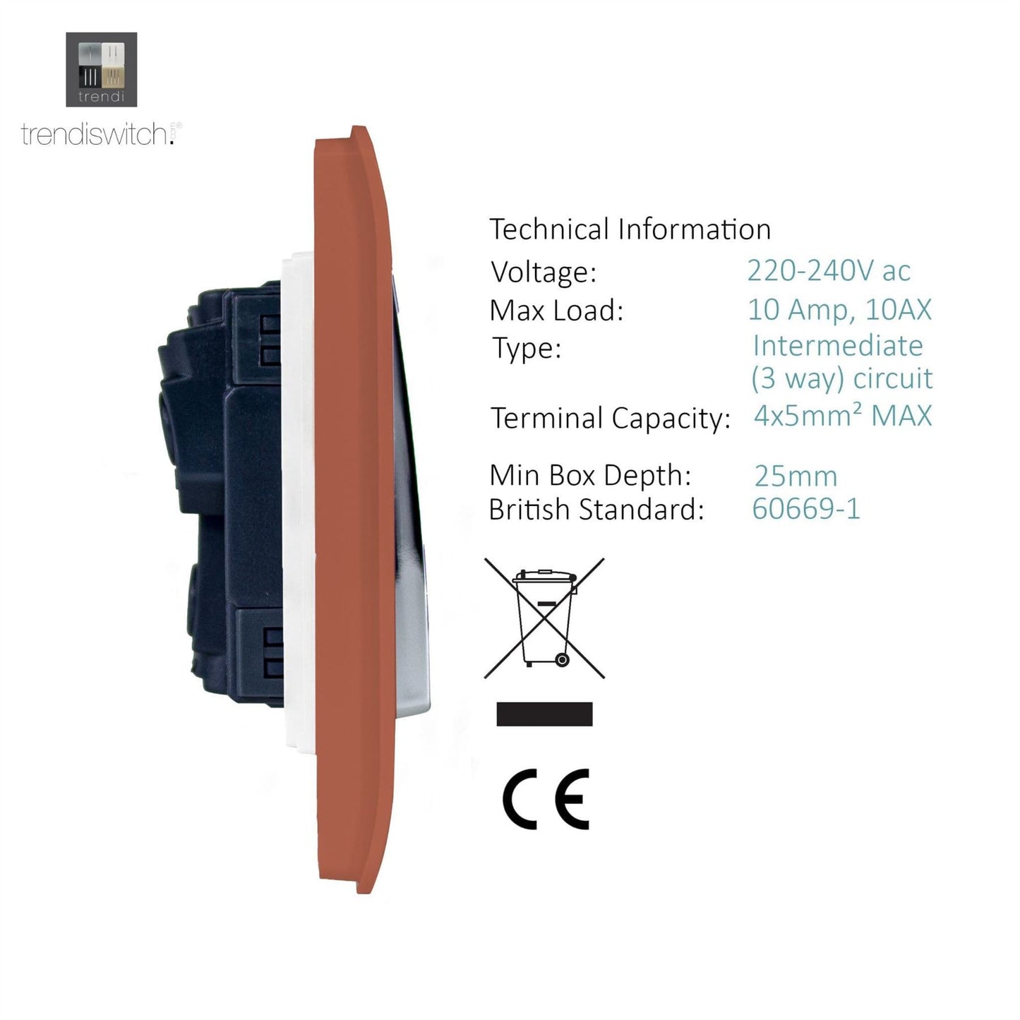 Trendi Switch 2 Gang Rocker Light Switch (1x 1 or 2 way & 1x Intermediate)in Copper