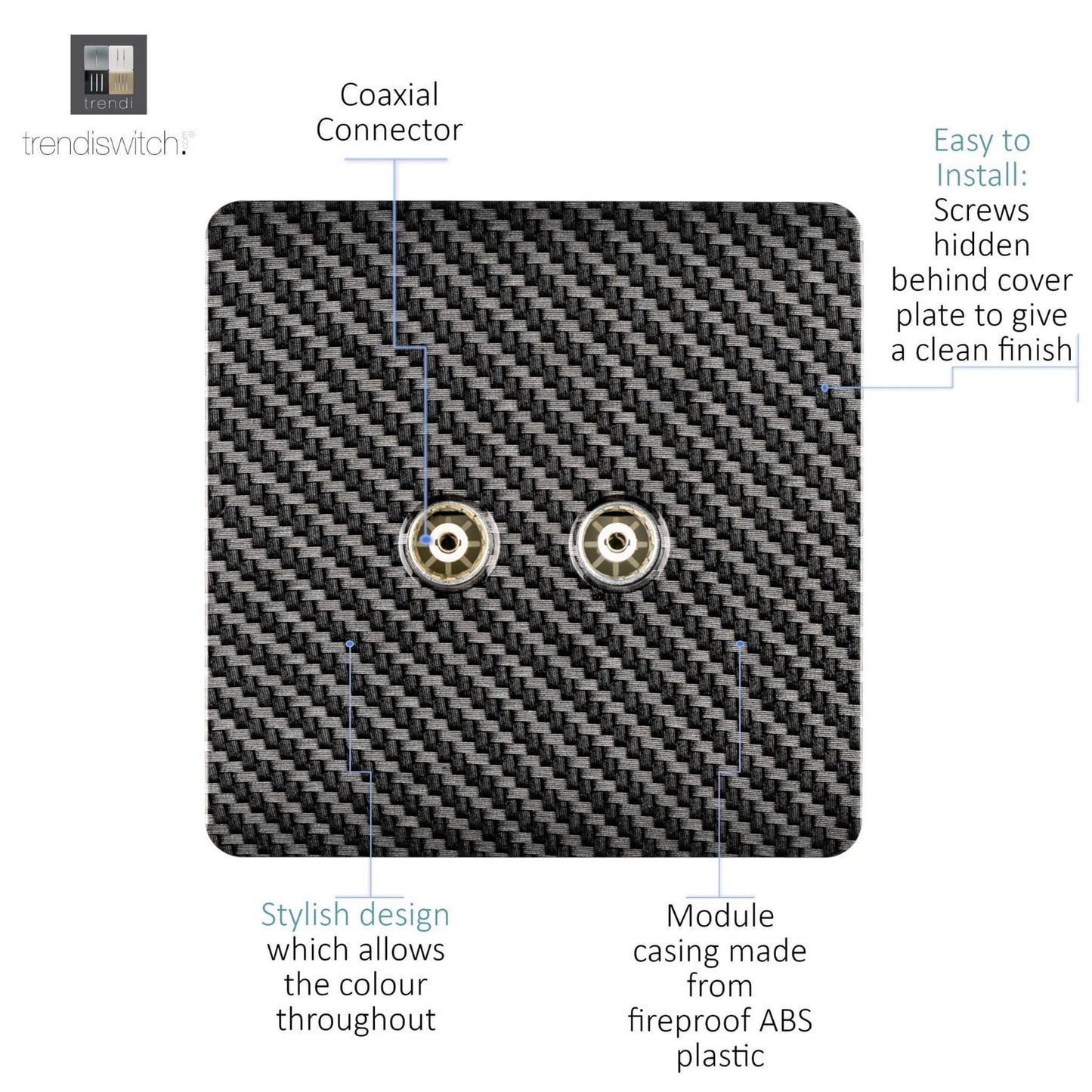 Trendi Switch 2 Gang Female Co-Axial Television Socketin Carbon Fibre