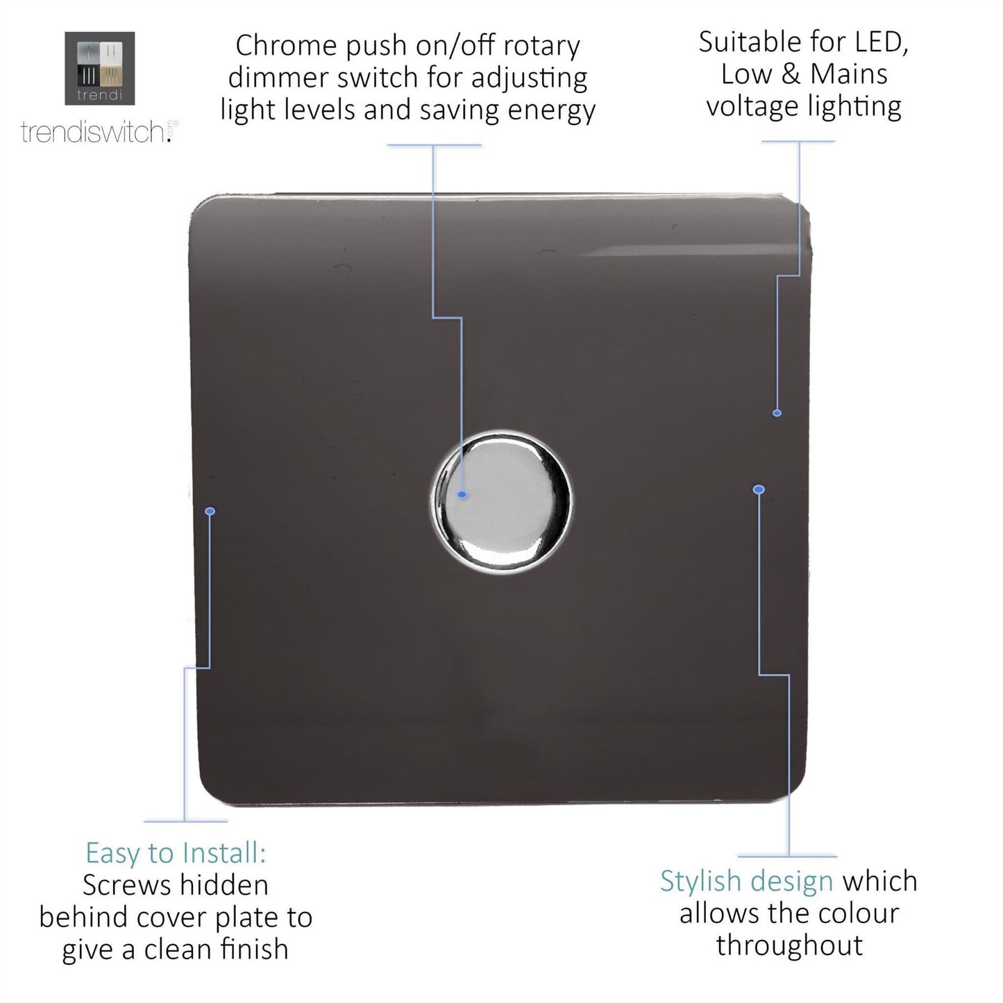 Trendi Switch 1 Gang 1 or 2 way 150w Rotary LED Dimmer Light Switchin Dark Mocha Brown