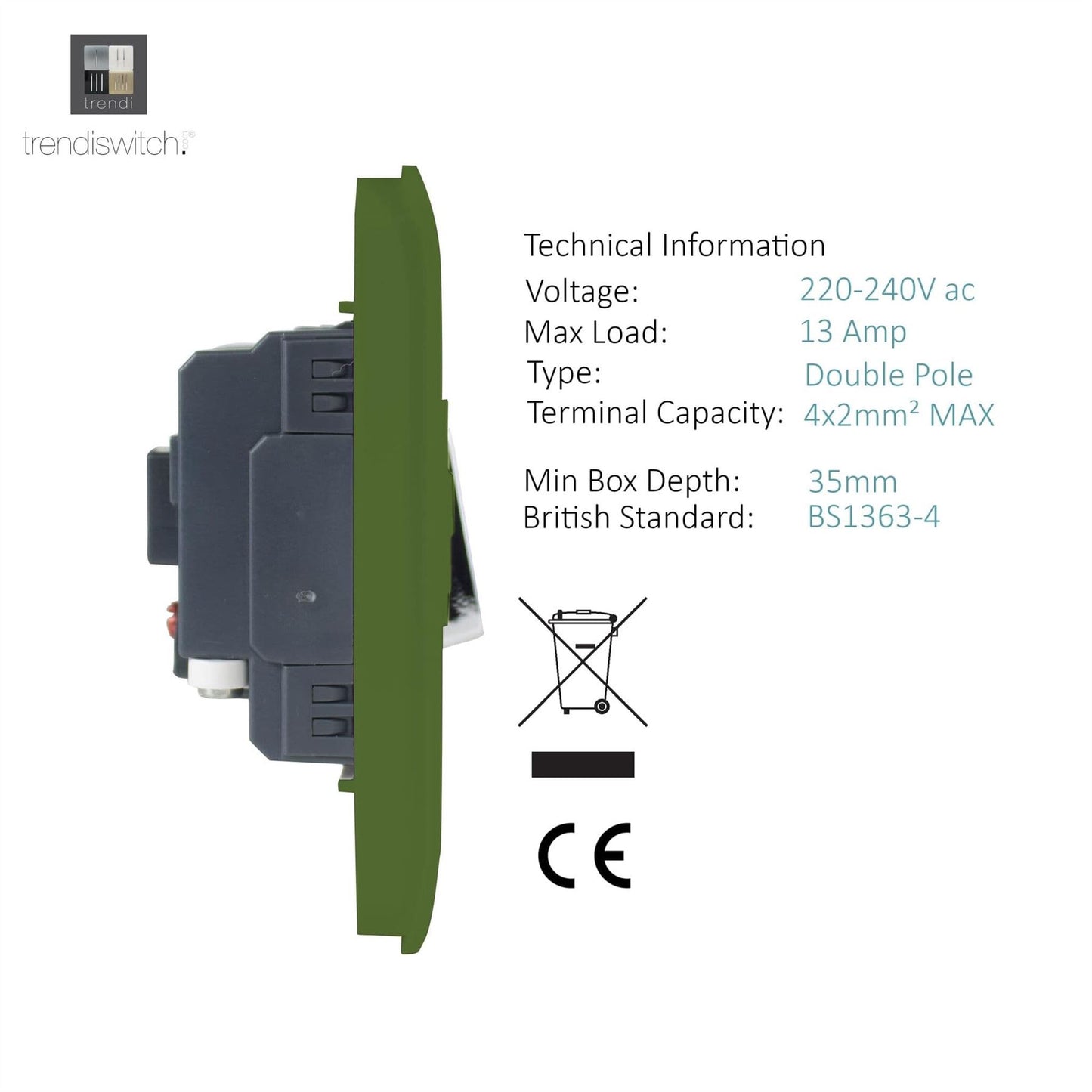 Trendi Switch 13 Amp Fused Spur with Flex Outletin Moss Green