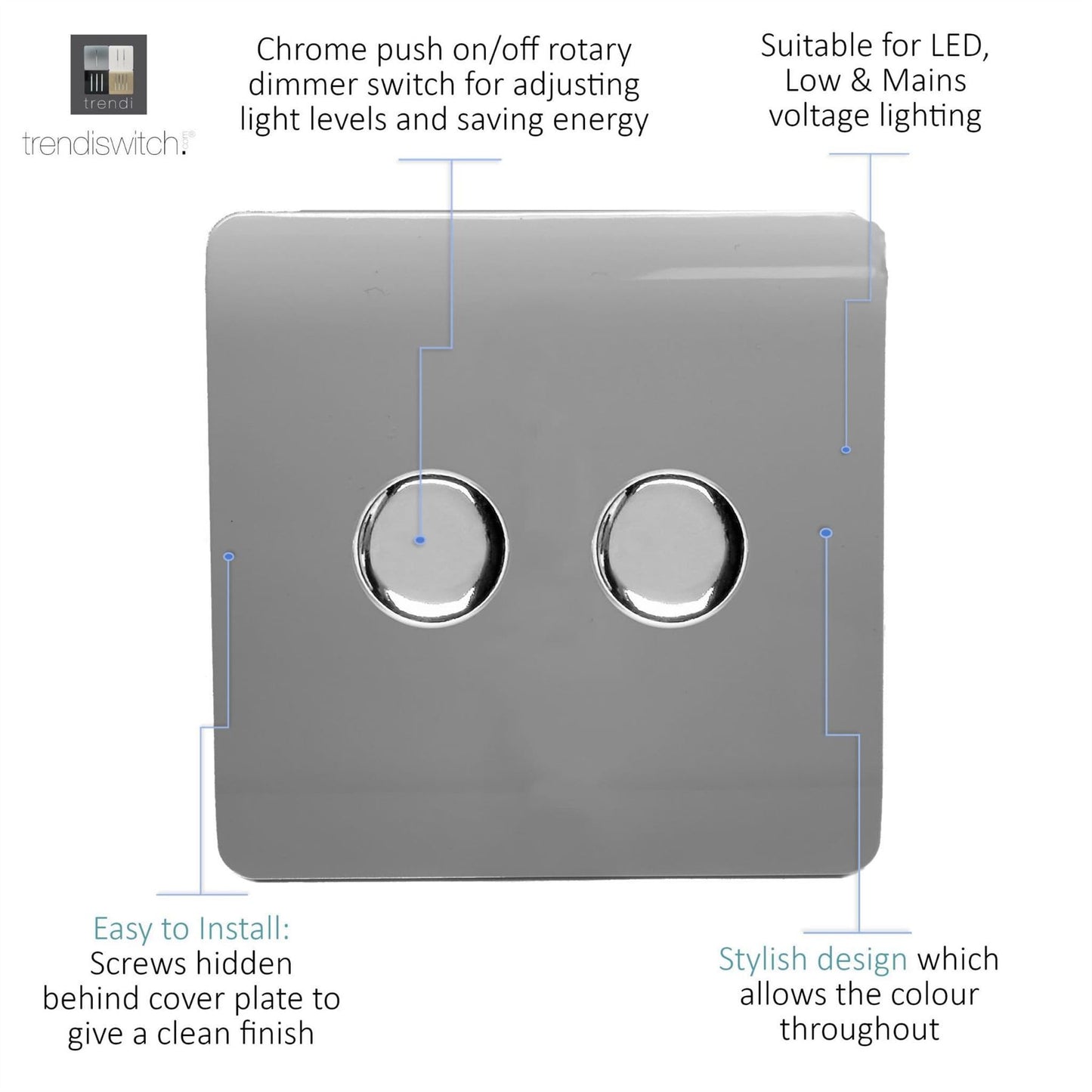 Trendi Switch 2 Gang 1 or 2 way 150w Rotary LED Dimmer Light Switchin Light Grey