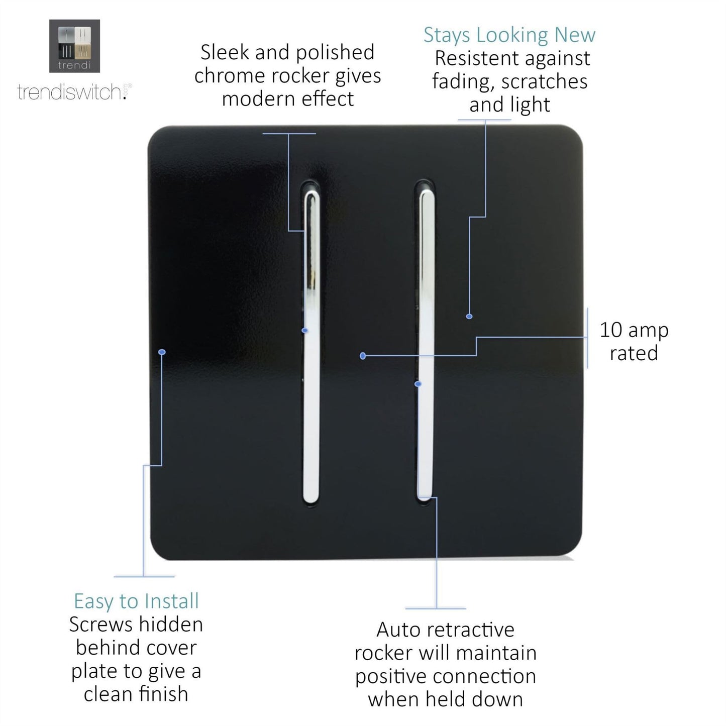 Trendi Switch 2 Gang Retractive Doorbell Switchin Piano Black