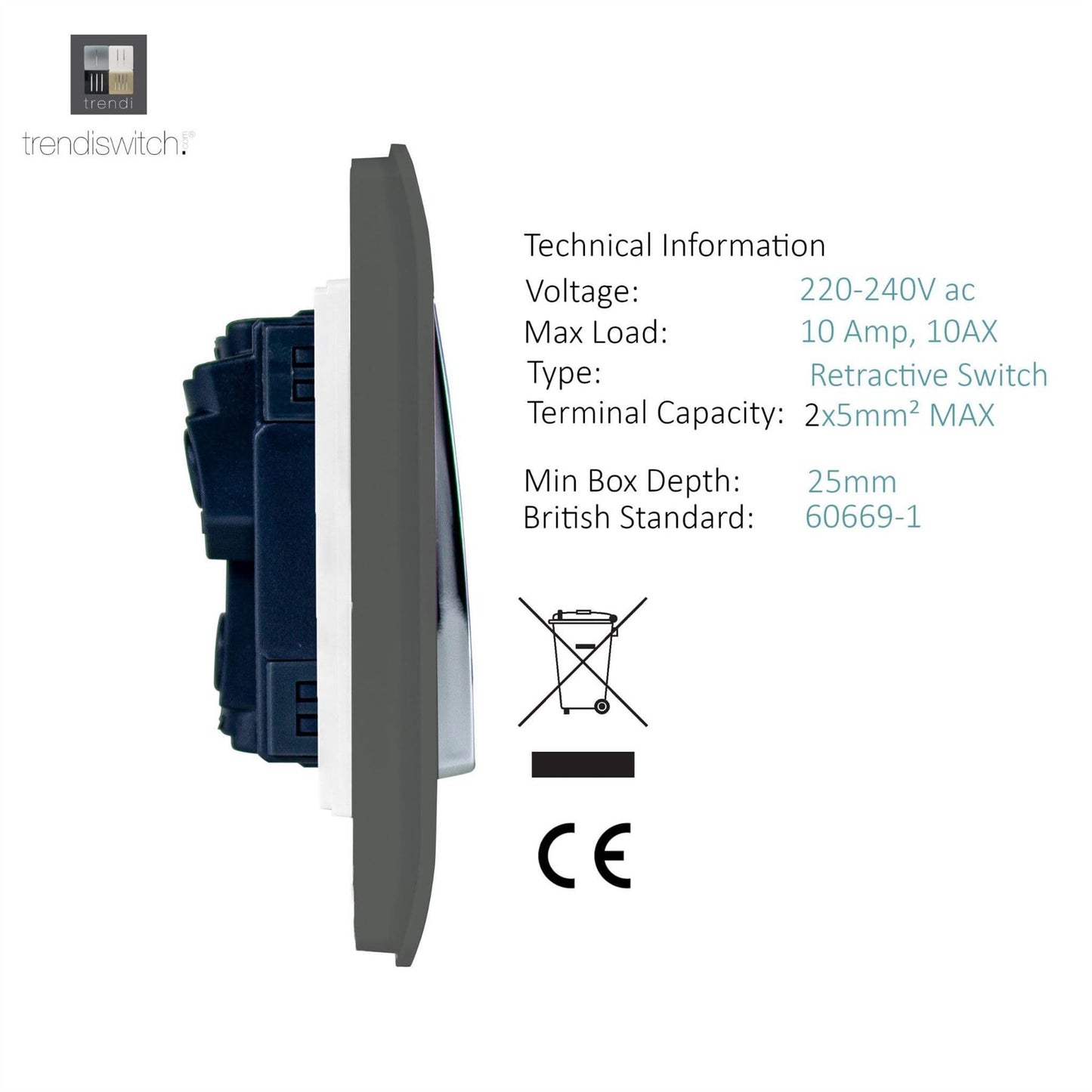 Trendi Switch 1 Gang Retractive Doorbell Switchin Charcoal Grey