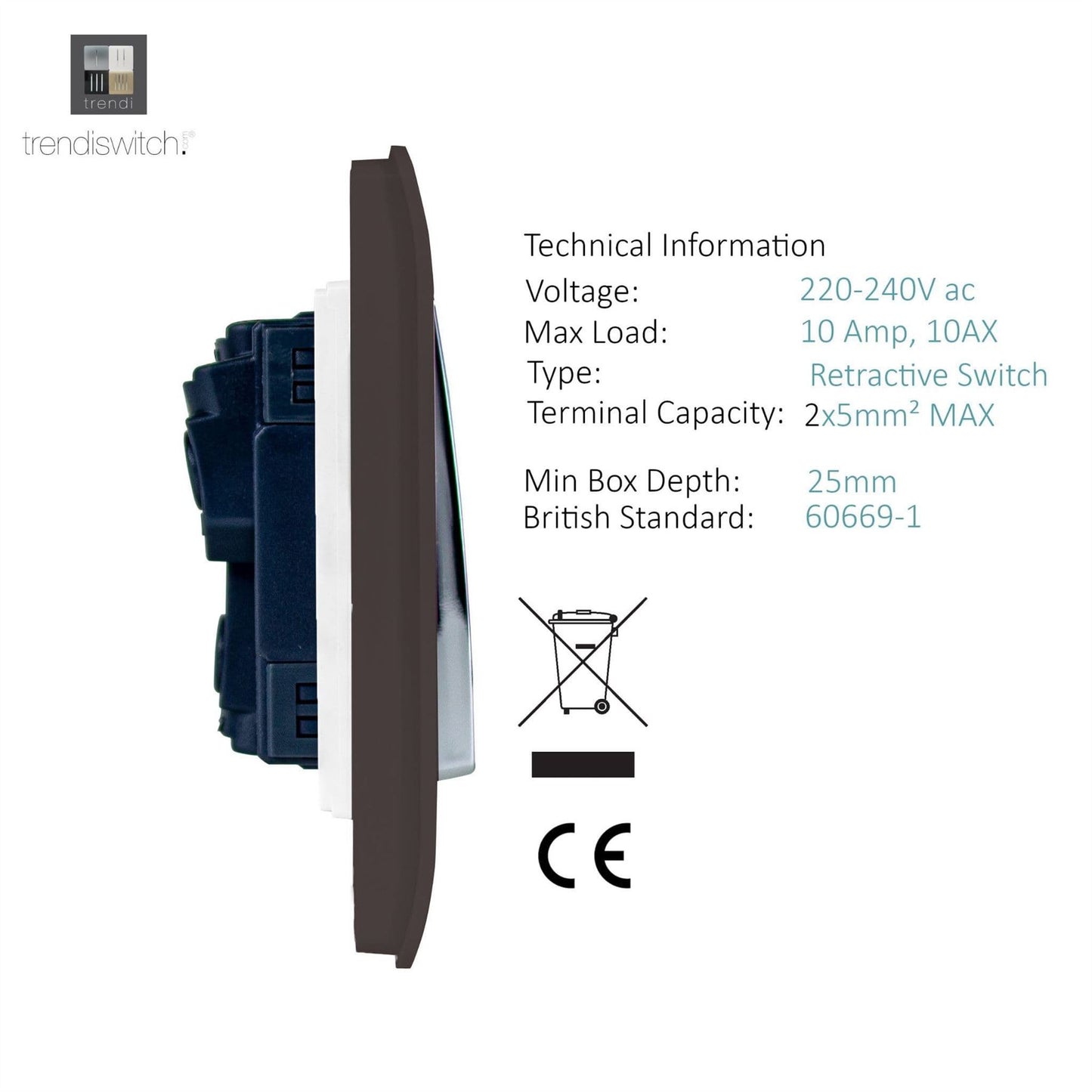 Trendi Switch 1 Gang Retractive Doorbell Switchin Dark Mocha Brown