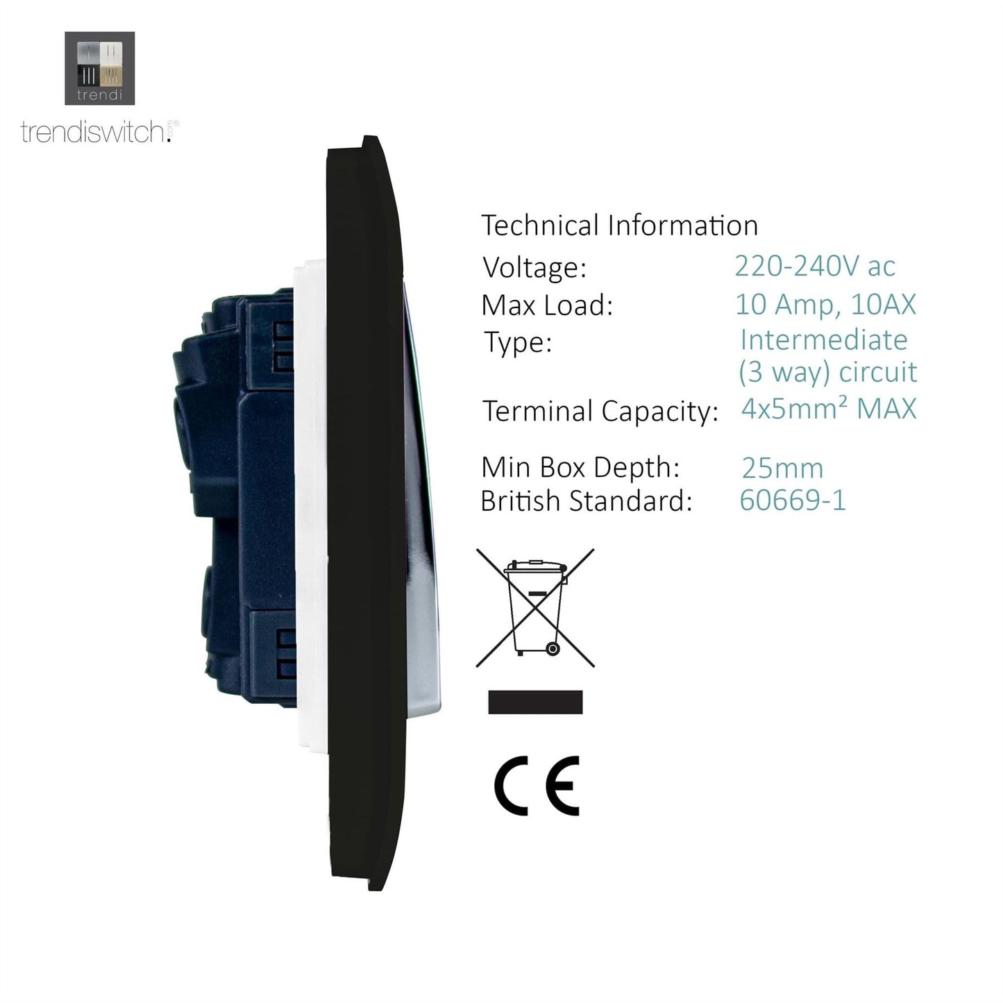 Trendi Switch 2 Gang Rocker Light Switch (1x 1 or 2 way & 1x Intermediate)in Matt Black