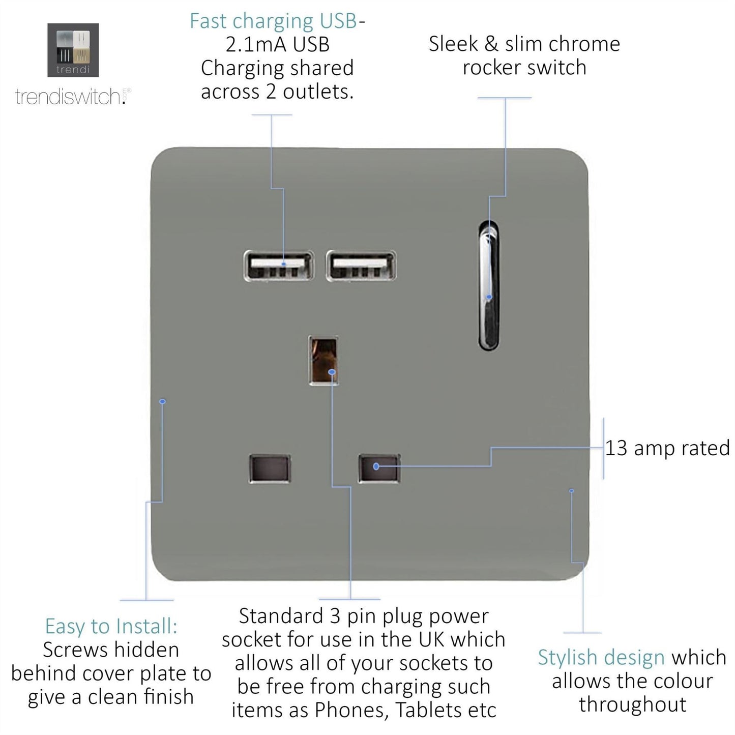 Trendi Switch 1 Gang USB 2100mA Plug Socketin Light Grey