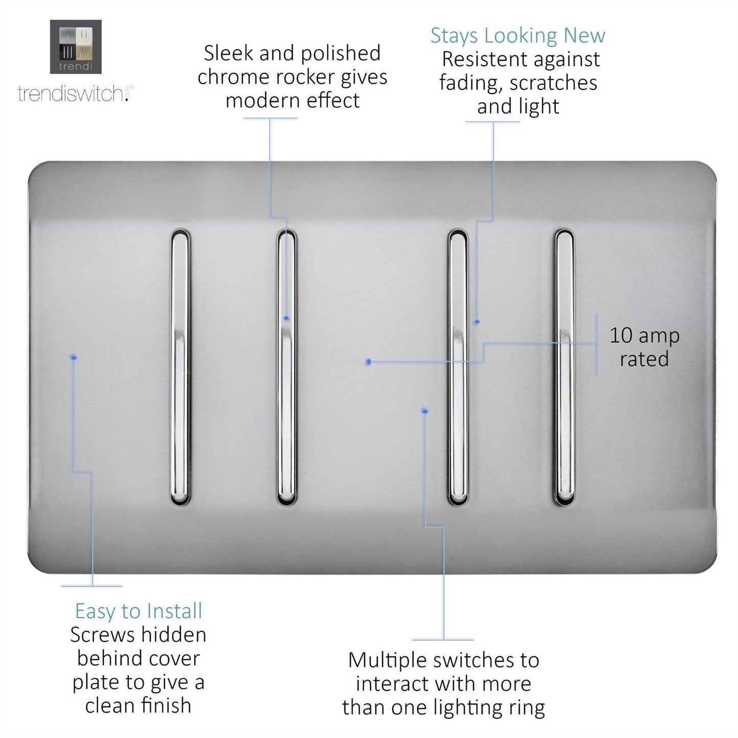 Trendi Switch 4 Gang 1 or 2 Way Light Switchin Brushed Steel